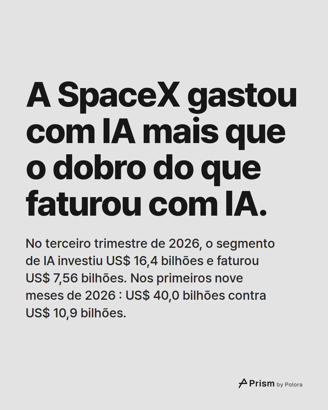 A SpaceX gastou com IA mais que o dobro do que faturou com IA. · No terceiro trimestre de 2026, o segmento de IA investiu US$ 16,4 bilhões e faturou US$ 7,56 bilhões. Nos primeiros nove meses de 2026 : US$ 40,0 bilhões contra US$ 10,9 bilhões.