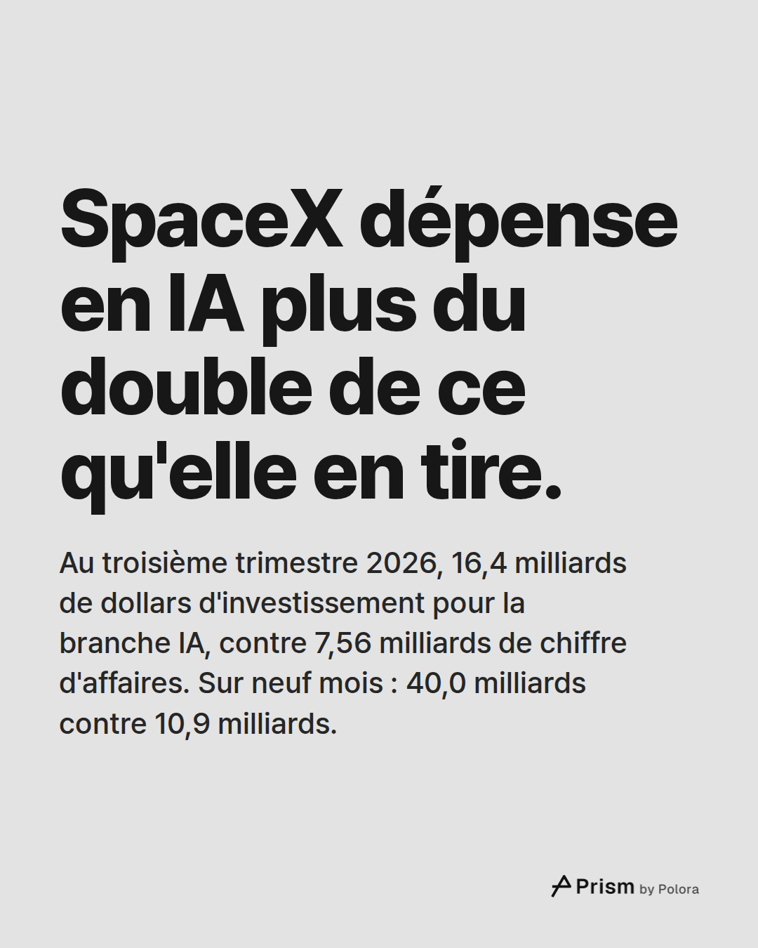 SpaceX dépense en IA plus du double de ce qu'elle en tire. · Au troisième trimestre 2026, 16,4 milliards de dollars d'investissement pour la branche IA, contre 7,56 milliards de chiffre d'affaires. Sur neuf mois : 40,0 milliards contre 10,9 milliards.