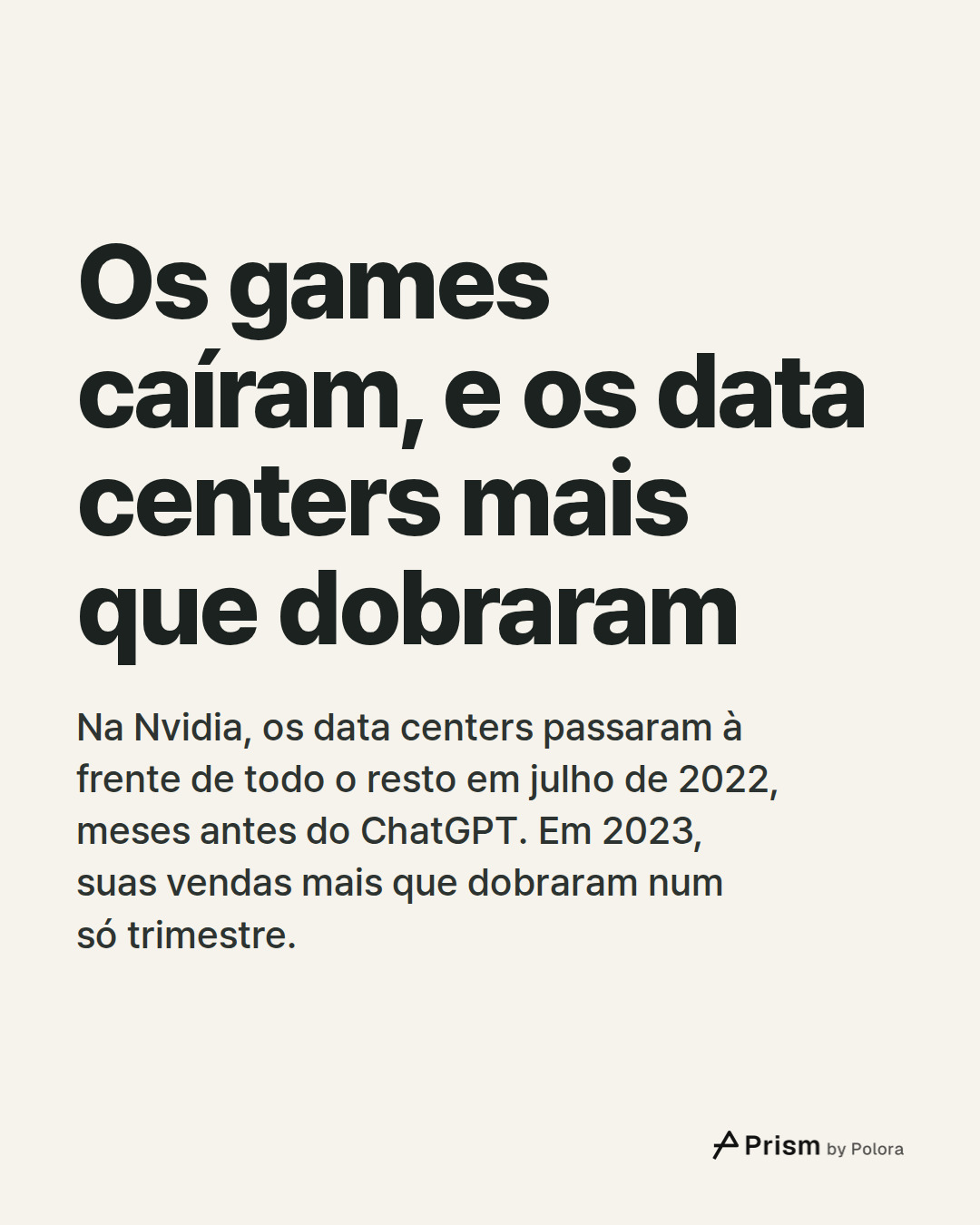 Os games caíram, e os data centers mais que dobraram · Na Nvidia, os data centers passaram à frente de todo o resto em julho de 2022, meses antes do ChatGPT. Em 2023, suas vendas mais que dobraram num só trimestre.