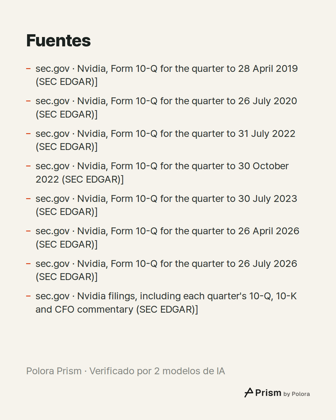 Fuentes 8 : sec.gov · Nvidia, Form 10-Q for the quarter to 28 April 2019 (SEC EDGAR)], sec.gov · Nvidia, Form 10-Q for the quarter to 26 July 2020 (SEC EDGAR)], sec.gov · Nvidia, Form 10-Q for the quarter to 31 July 2022 (SEC EDGAR)] + 5