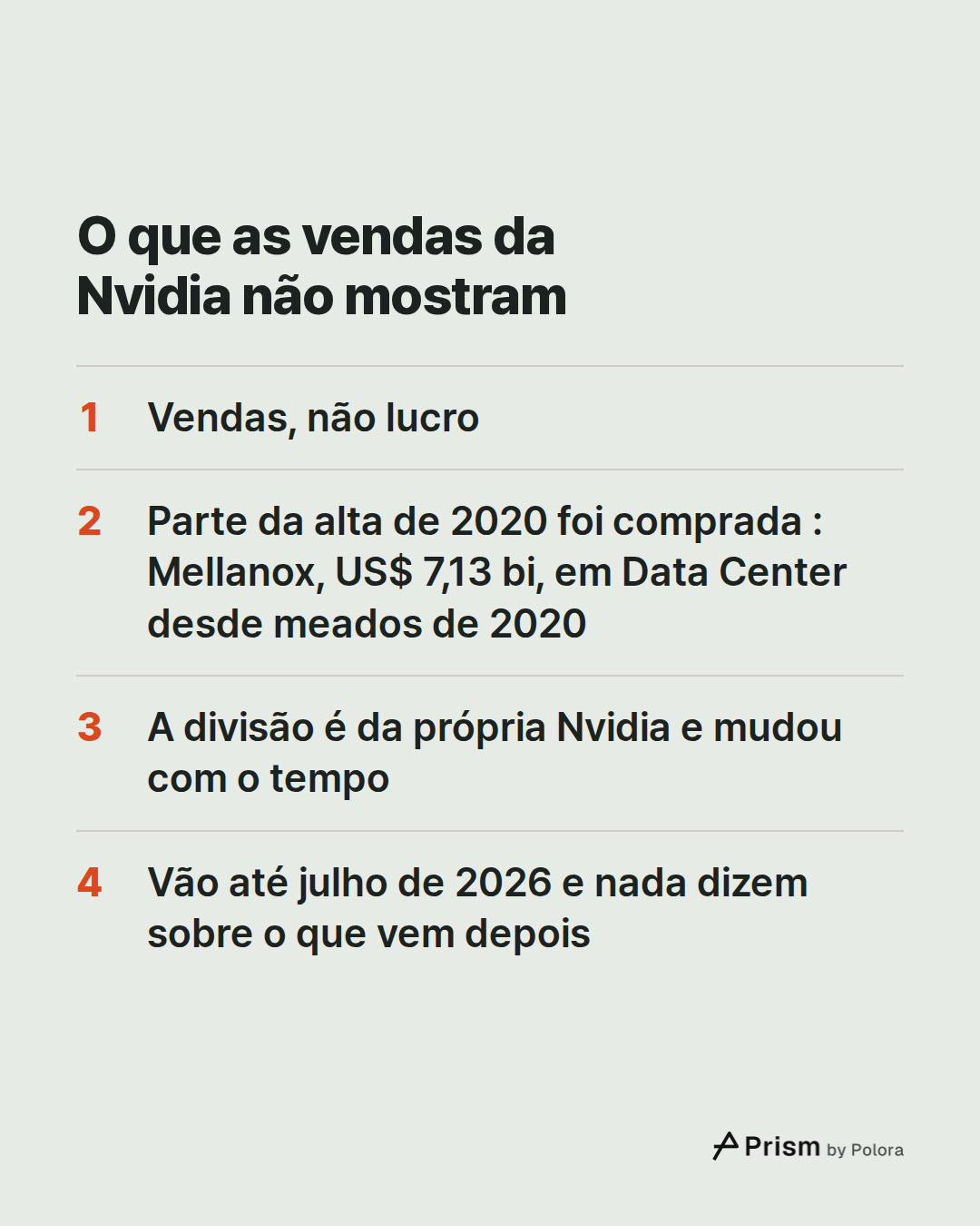 O que as vendas da Nvidia não mostram · Vendas, não lucro · Parte da alta de 2020 foi comprada : Mellanox, US$ 7,13 bi, em Data Center desde meados de 2020 · A divisão é da própria Nvidia e mudou com o tempo · Vão até julho de 2026 e nada dizem sobre o que vem depois