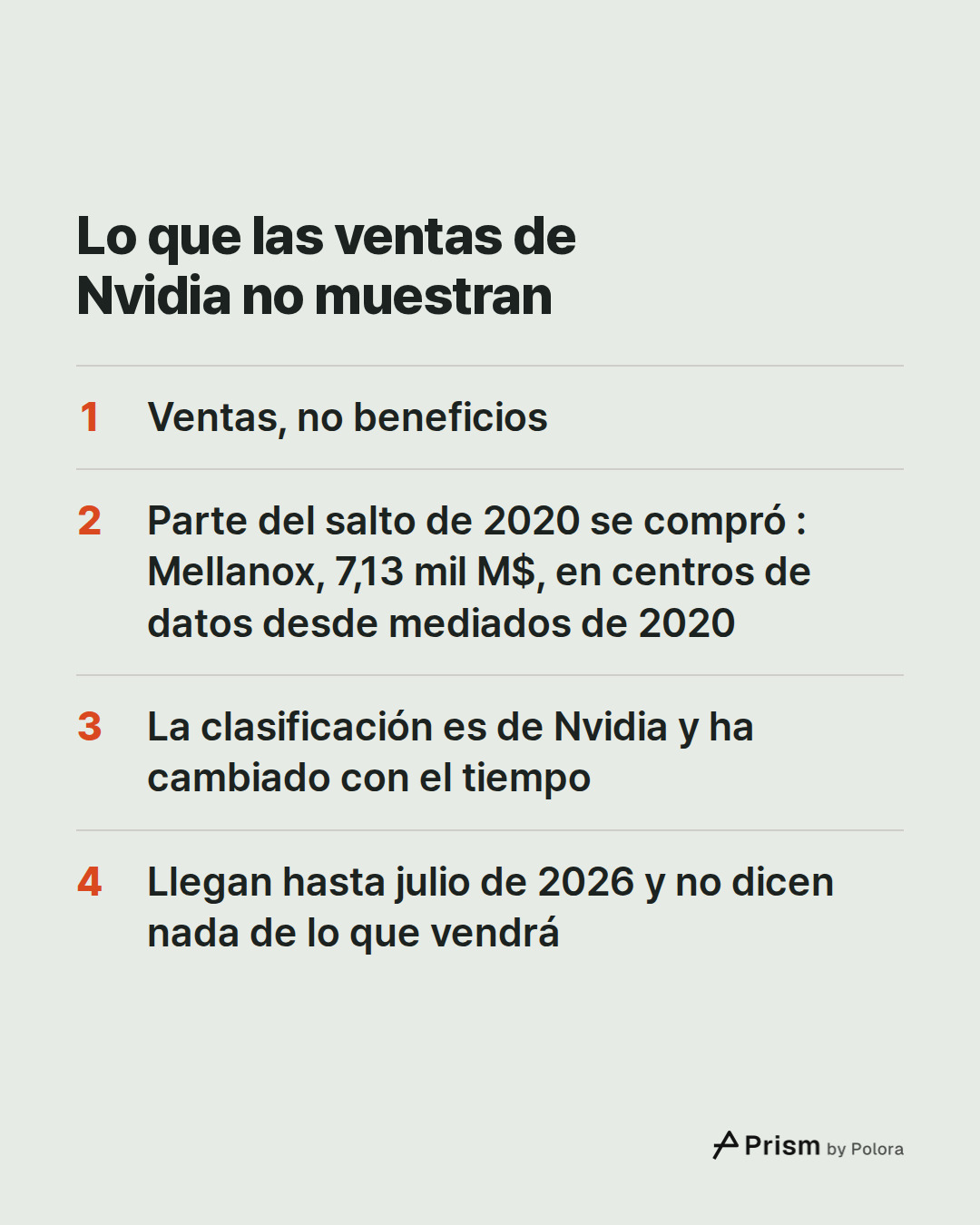 Lo que las ventas de Nvidia no muestran · Ventas, no beneficios · Parte del salto de 2020 se compró : Mellanox, 7,13 mil M$, en centros de datos desde mediados de 2020 · La clasificación es de Nvidia y ha cambiado con el tiempo · Llegan hasta julio de 2026 y no dicen nada de lo que vendrá