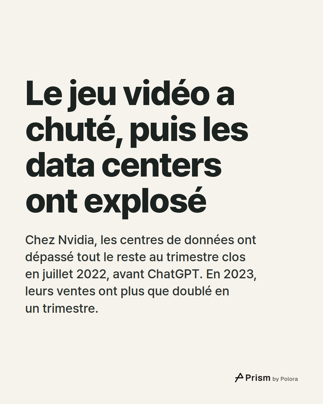 Le jeu vidéo a chuté, puis les data centers ont explosé · Chez Nvidia, les centres de données ont dépassé tout le reste au trimestre clos en juillet 2022, avant ChatGPT. En 2023, leurs ventes ont plus que doublé en un trimestre.