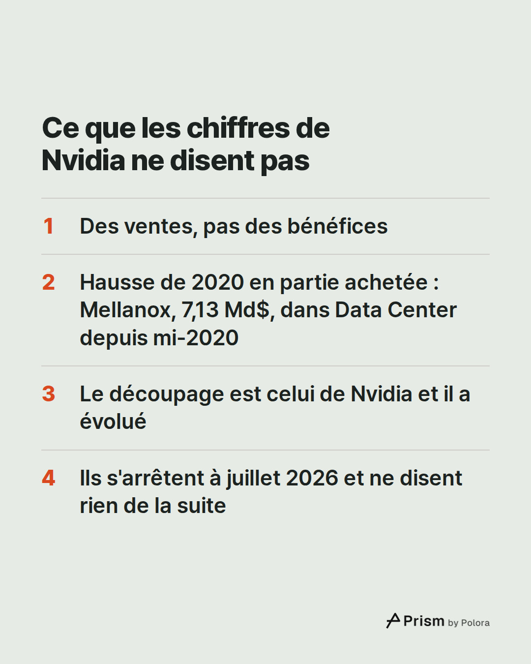 Ce que les chiffres de Nvidia ne disent pas · Des ventes, pas des bénéfices · Hausse de 2020 en partie achetée : Mellanox, 7,13 Md$, dans Data Center depuis mi-2020 · Le découpage est celui de Nvidia et il a évolué · Ils s'arrêtent à juillet 2026 et ne disent rien de la suite