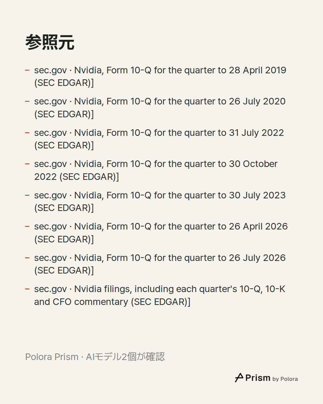 出典 8 : sec.gov · Nvidia, Form 10-Q for the quarter to 28 April 2019 (SEC EDGAR)], sec.gov · Nvidia, Form 10-Q for the quarter to 26 July 2020 (SEC EDGAR)], sec.gov · Nvidia, Form 10-Q for the quarter to 31 July 2022 (SEC EDGAR)] + 5