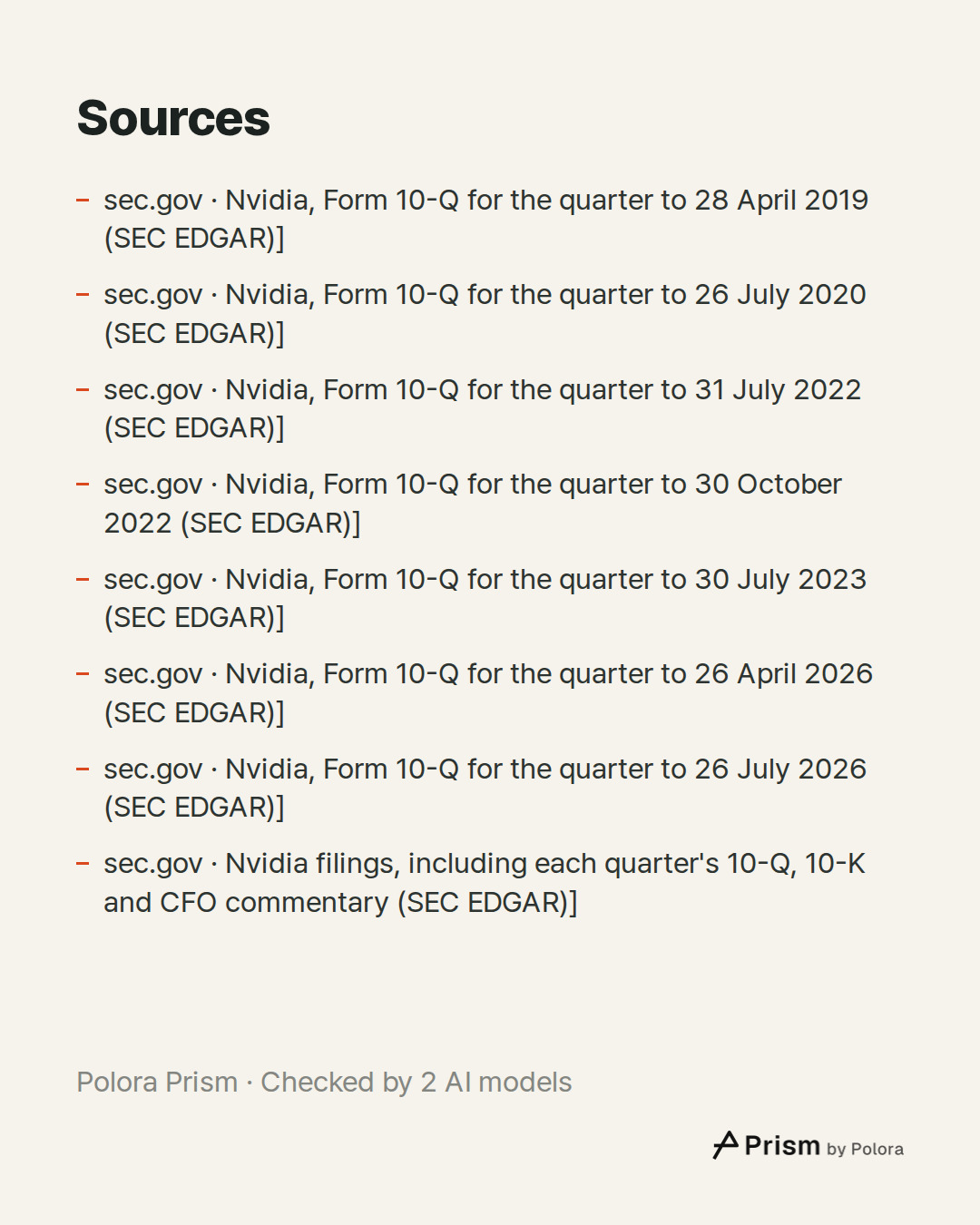 Sources 8 : sec.gov · Nvidia, Form 10-Q for the quarter to 28 April 2019 (SEC EDGAR)], sec.gov · Nvidia, Form 10-Q for the quarter to 26 July 2020 (SEC EDGAR)], sec.gov · Nvidia, Form 10-Q for the quarter to 31 July 2022 (SEC EDGAR)] + 5