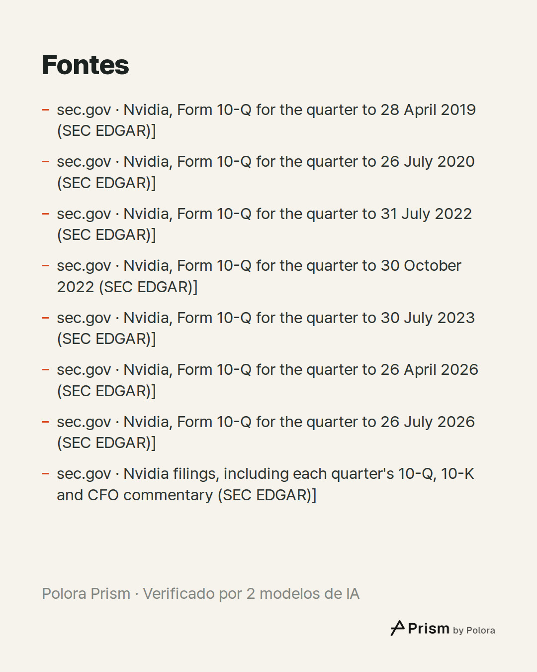 Fontes 8 : sec.gov · Nvidia, Form 10-Q for the quarter to 28 April 2019 (SEC EDGAR)], sec.gov · Nvidia, Form 10-Q for the quarter to 26 July 2020 (SEC EDGAR)], sec.gov · Nvidia, Form 10-Q for the quarter to 31 July 2022 (SEC EDGAR)] + 5
