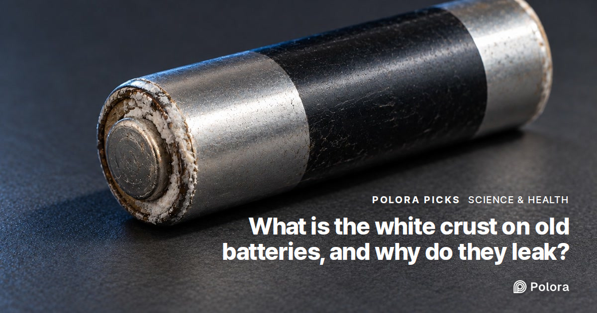 What is the white crust on old batteries, and why do dead or unused ones leak?