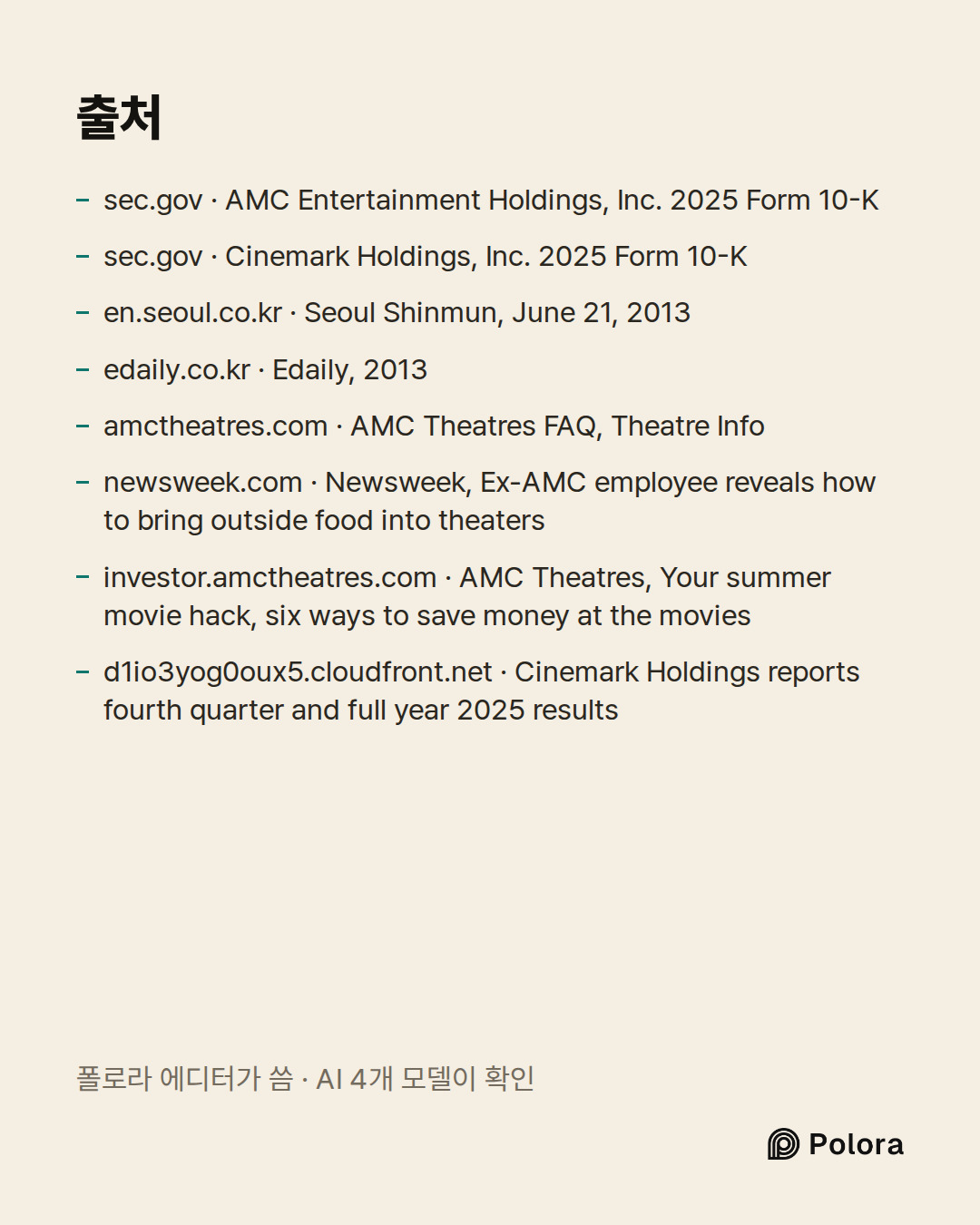 출처 8 : sec.gov · AMC Entertainment Holdings, Inc. 2025 Form 10-K, sec.gov · Cinemark Holdings, Inc. 2025 Form 10-K, en.seoul.co.kr · Seoul Shinmun, June 21, 2013 + 5