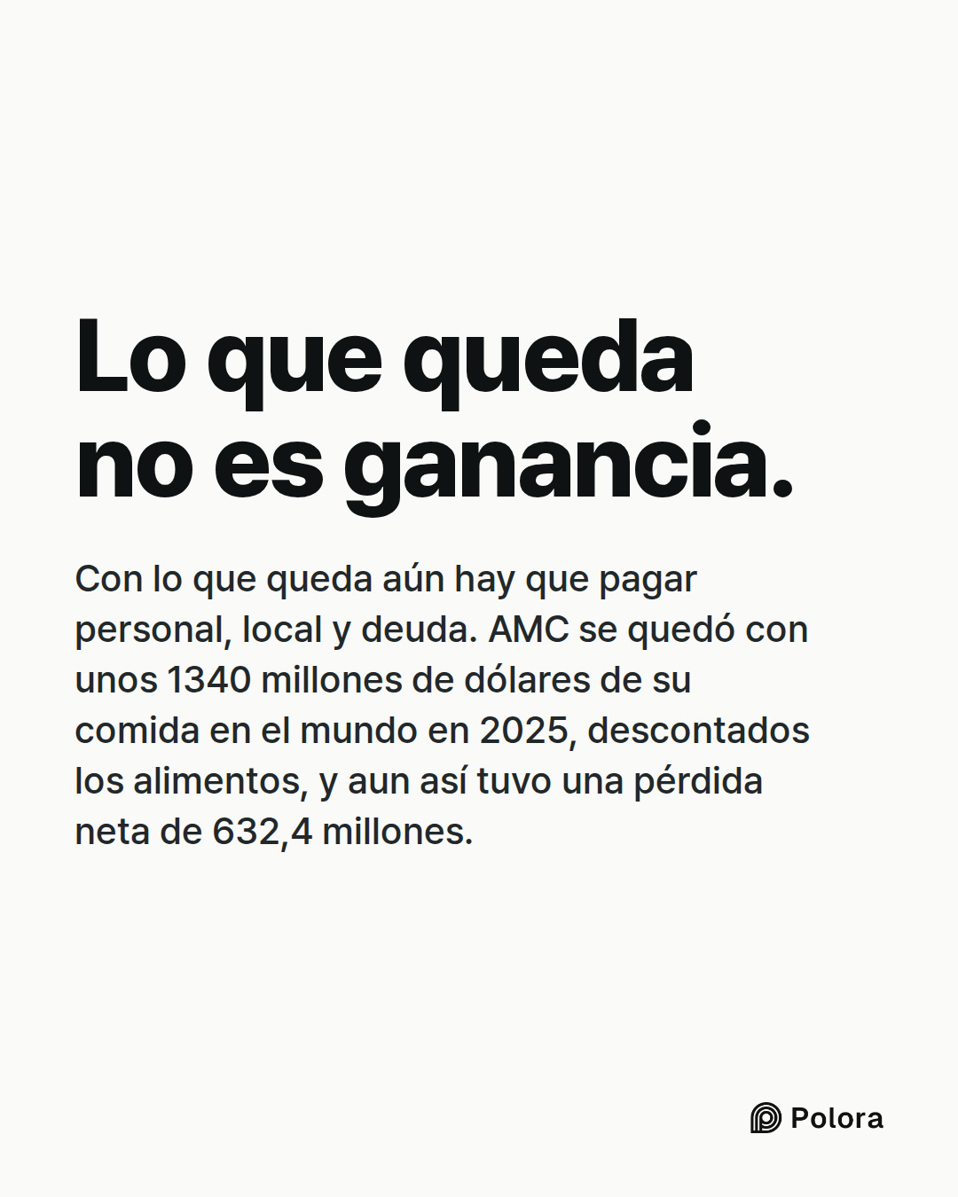 Lo que queda no es ganancia. · Con lo que queda aún hay que pagar personal, local y deuda. AMC se quedó con unos 1340 millones de dólares de su comida en el mundo en 2025, descontados los alimentos, y aun así tuvo una pérdida neta de 632,4 millones.