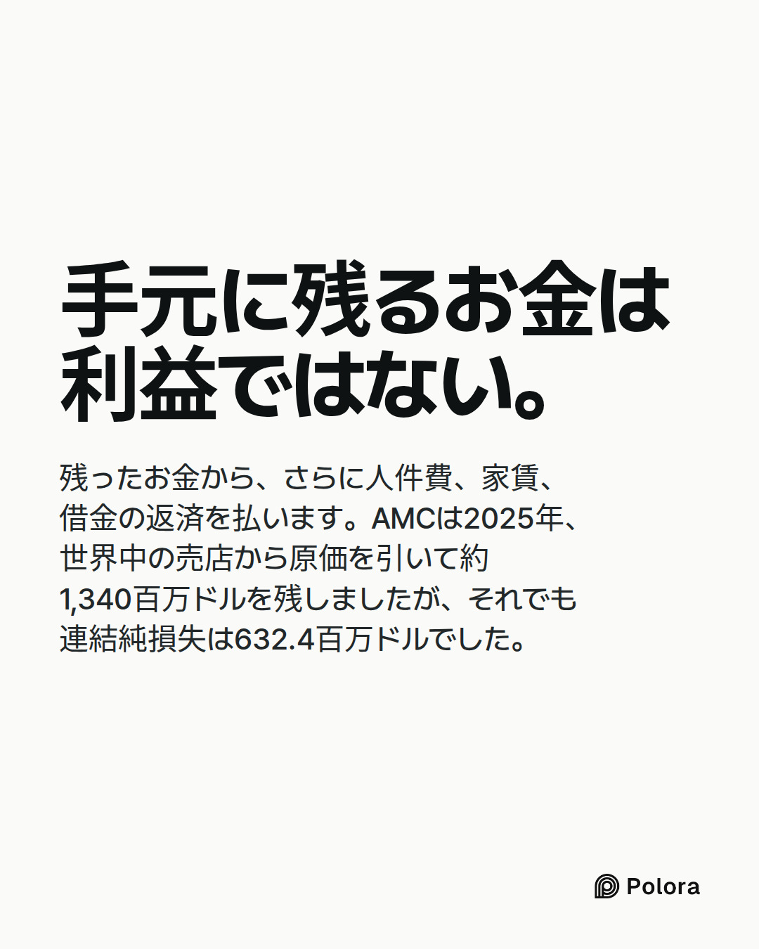 手元に残るお金は利益ではない。 · 残ったお金から、さらに人件費、家賃、借金の返済を払います。AMCは2025年、世界中の売店から原価を引いて約1,340百万ドルを残しましたが、それでも連結純損失は632.4百万ドルでした。