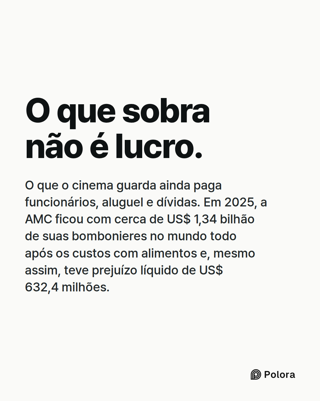 O que sobra não é lucro. · O que o cinema guarda ainda paga funcionários, aluguel e dívidas. Em 2025, a AMC ficou com cerca de US$ 1,34 bilhão de suas bombonieres no mundo todo após os custos com alimentos e, mesmo assim, teve prejuízo líquido de US$ 632,4 milhões.