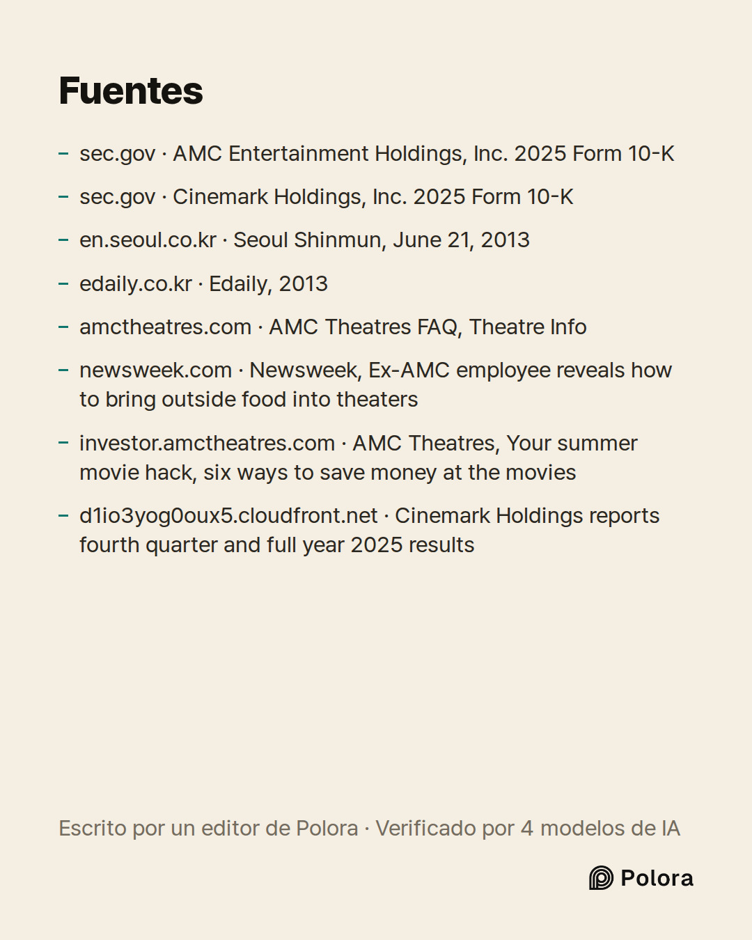 Fuentes 8 : sec.gov · AMC Entertainment Holdings, Inc. 2025 Form 10-K, sec.gov · Cinemark Holdings, Inc. 2025 Form 10-K, en.seoul.co.kr · Seoul Shinmun, June 21, 2013 + 5