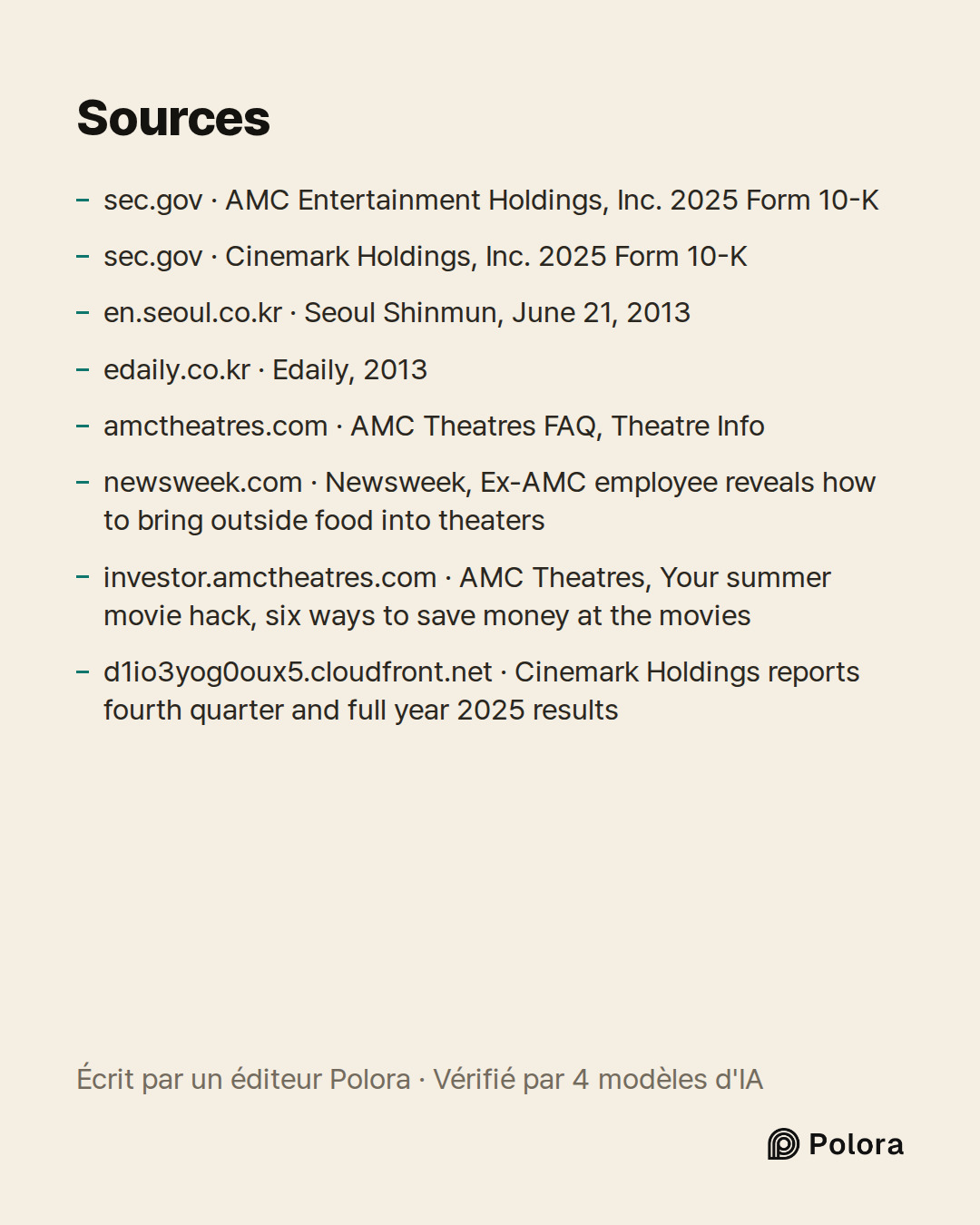 Sources 8 : sec.gov · AMC Entertainment Holdings, Inc. 2025 Form 10-K, sec.gov · Cinemark Holdings, Inc. 2025 Form 10-K, en.seoul.co.kr · Seoul Shinmun, June 21, 2013 + 5