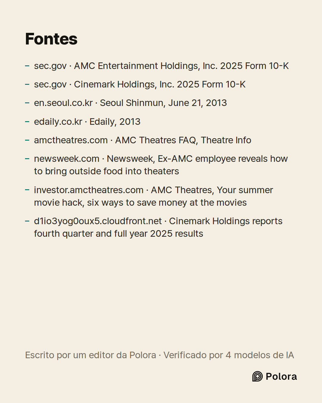 Fontes 8 : sec.gov · AMC Entertainment Holdings, Inc. 2025 Form 10-K, sec.gov · Cinemark Holdings, Inc. 2025 Form 10-K, en.seoul.co.kr · Seoul Shinmun, June 21, 2013 + 5