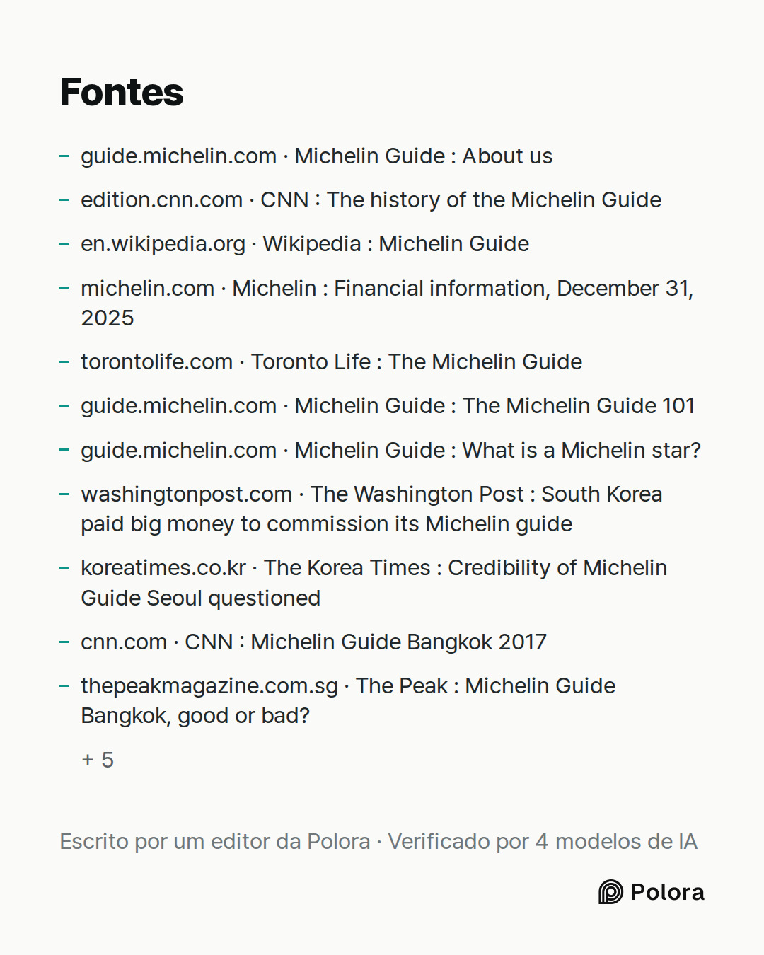 Fontes 16 : guide.michelin.com · Michelin Guide : About us, edition.cnn.com · CNN : The history of the Michelin Guide, en.wikipedia.org · Wikipedia : Michelin Guide + 13
