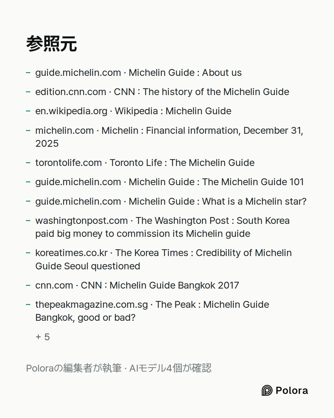 出典 16 : guide.michelin.com · Michelin Guide : About us, edition.cnn.com · CNN : The history of the Michelin Guide, en.wikipedia.org · Wikipedia : Michelin Guide + 13