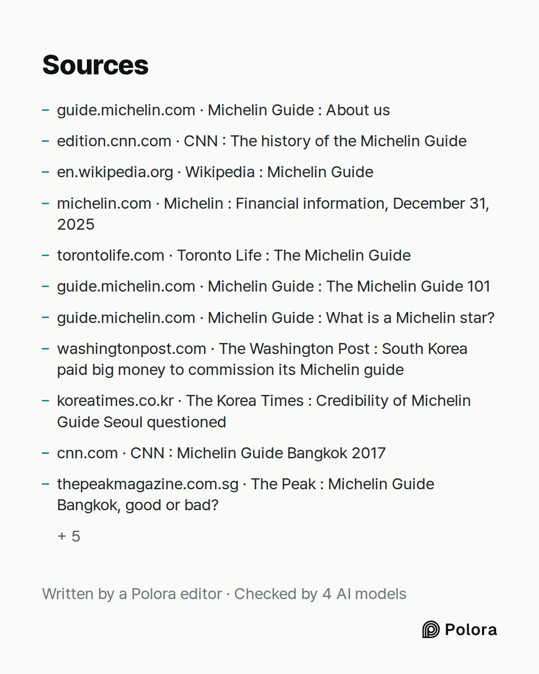 Sources 16 : guide.michelin.com · Michelin Guide : About us, edition.cnn.com · CNN : The history of the Michelin Guide, en.wikipedia.org · Wikipedia : Michelin Guide + 13