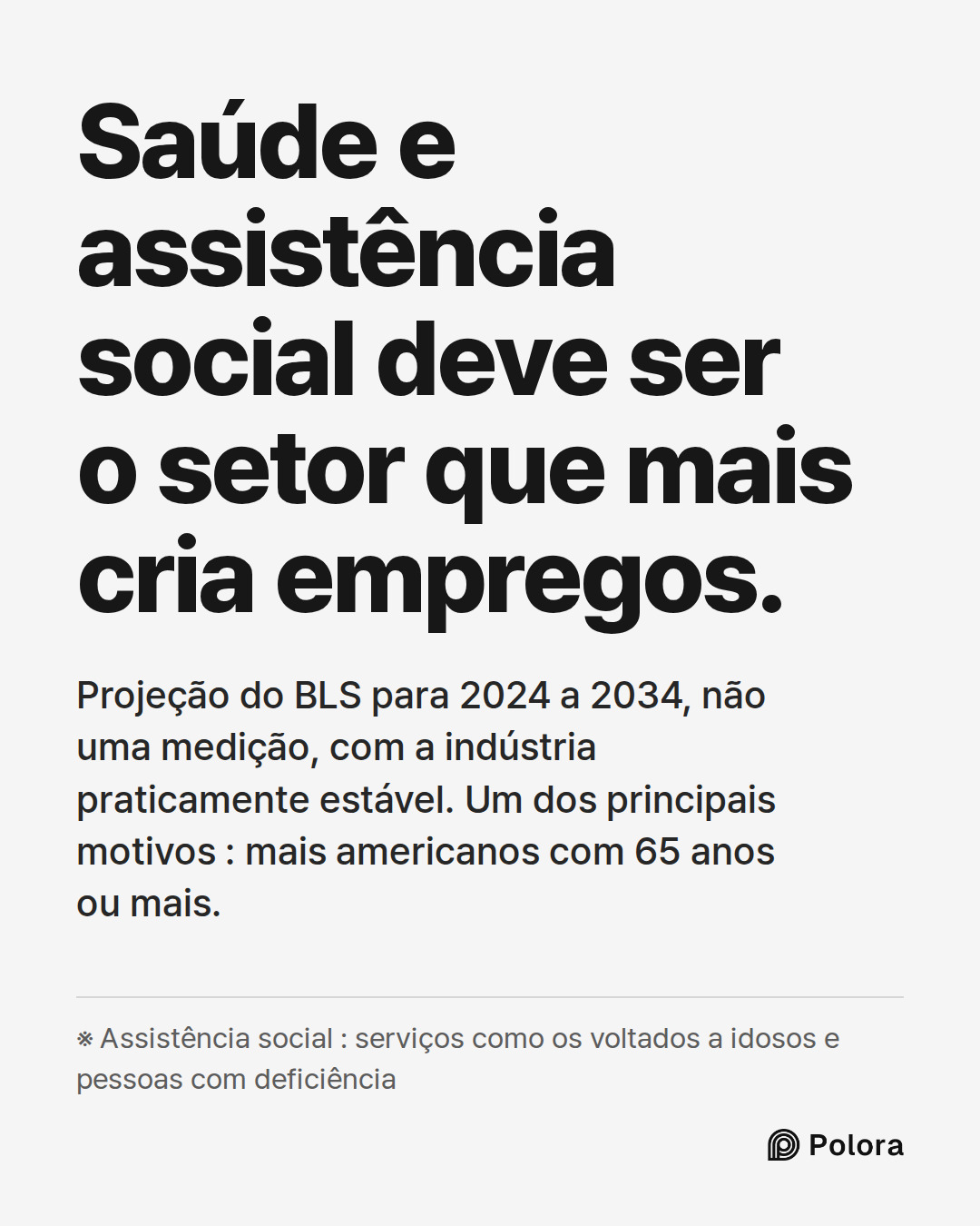 Saúde e assistência social deve ser o setor que mais cria empregos. · Projeção do BLS para 2024 a 2034, não uma medição, com a indústria praticamente estável. Um dos principais motivos : mais americanos com 65 anos ou mais. · ※ Assistência social : serviços como os voltados a idosos e pessoas com de