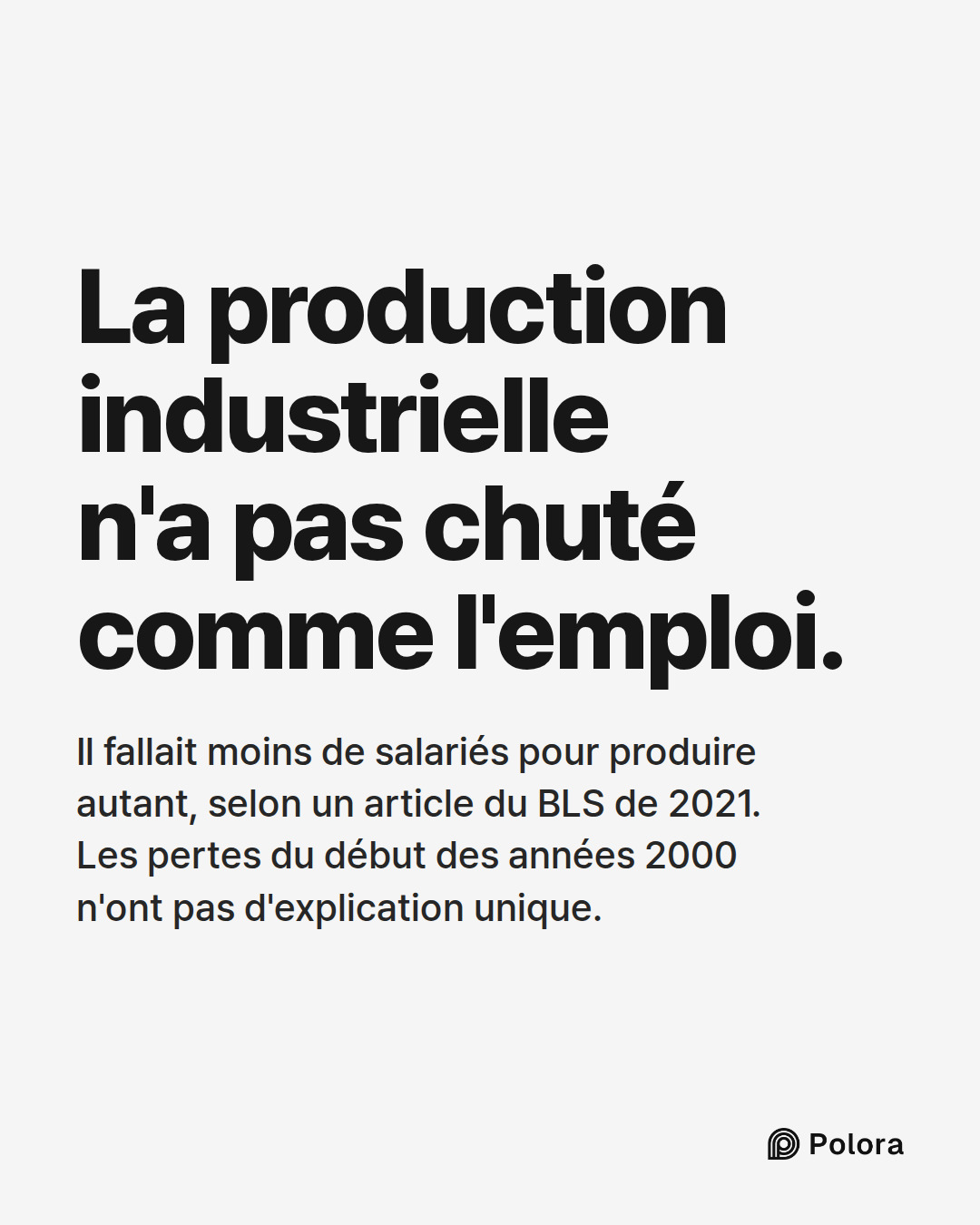 La production industrielle n'a pas chuté comme l'emploi. · Il fallait moins de salariés pour produire autant, selon un article du BLS de 2021. Les pertes du début des années 2000 n'ont pas d'explication unique.