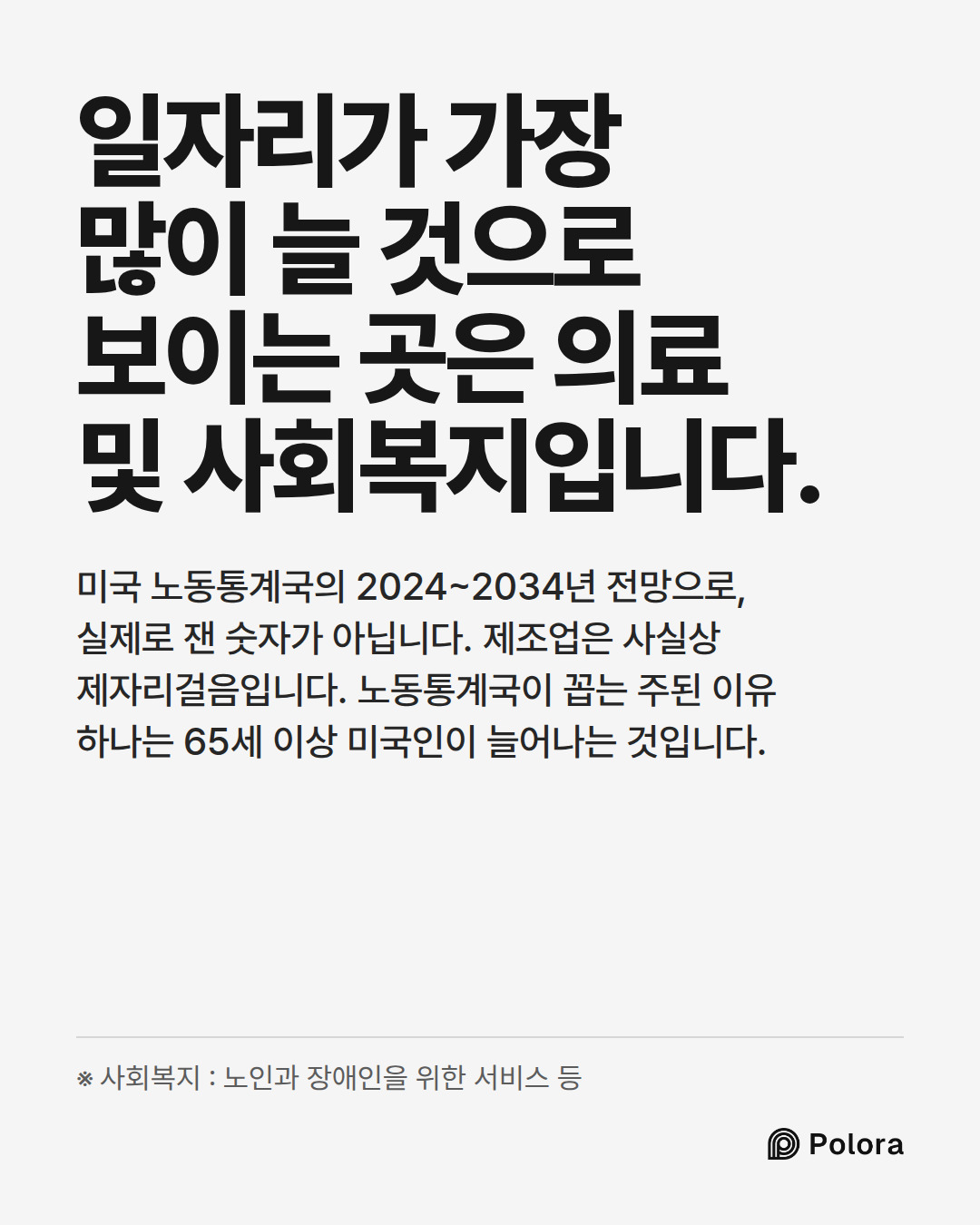일자리가 가장 많이 늘 것으로 보이는 곳은 의료 및 사회복지입니다. · 미국 노동통계국의 2024~2034년 전망으로, 실제로 잰 숫자가 아닙니다. 제조업은 사실상 제자리걸음입니다. 노동통계국이 꼽는 주된 이유 하나는 65세 이상 미국인이 늘어나는 것입니다. · ※ 사회복지 : 노인과 장애인을 위한 서비스 등