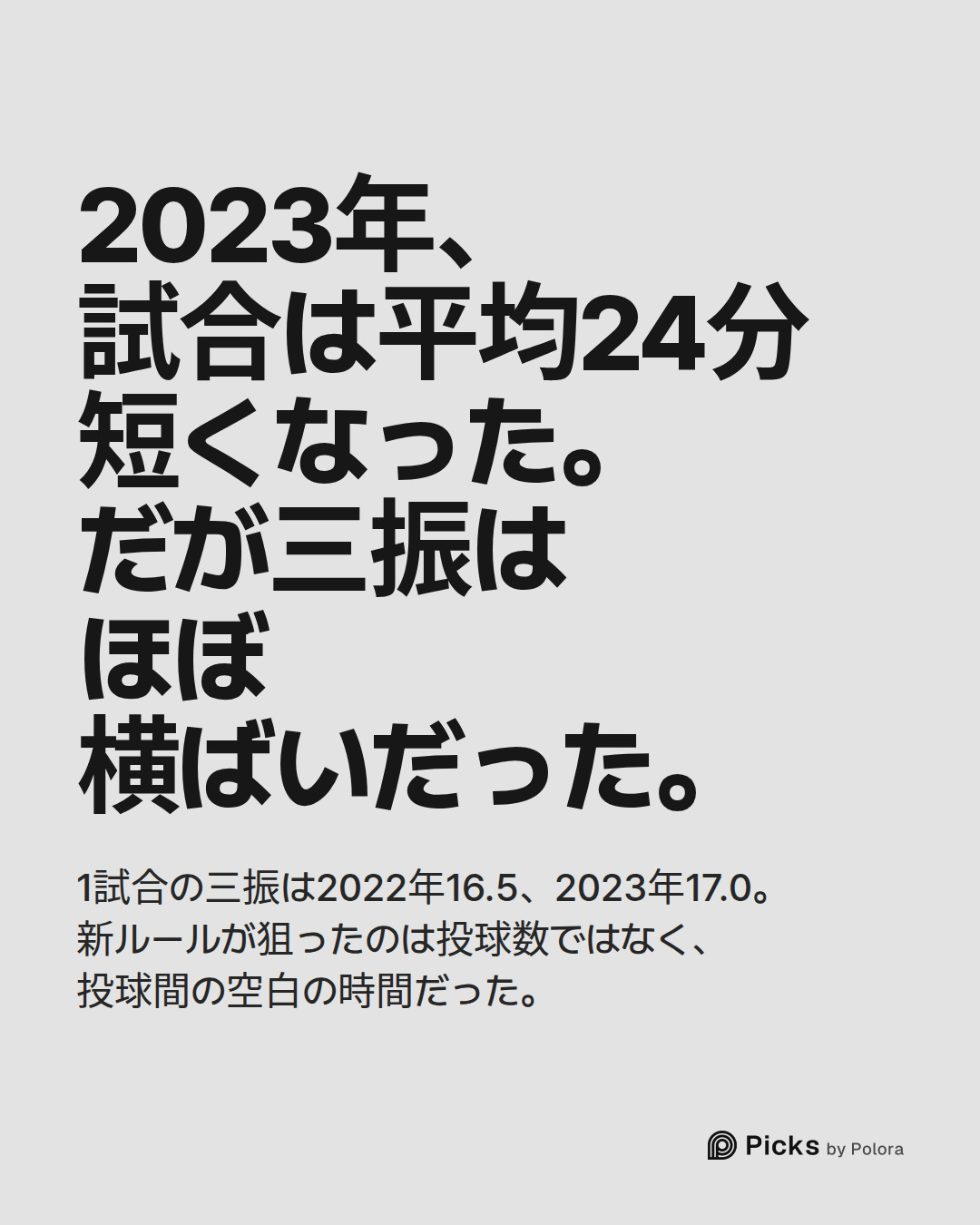 2023年、試合は平均24分短くなった。だが三振はほぼ横ばいだった。 · 1試合の三振は2022年16.5、2023年17.0。新ルールが狙ったのは投球数ではなく、投球間の空白の時間だった。
