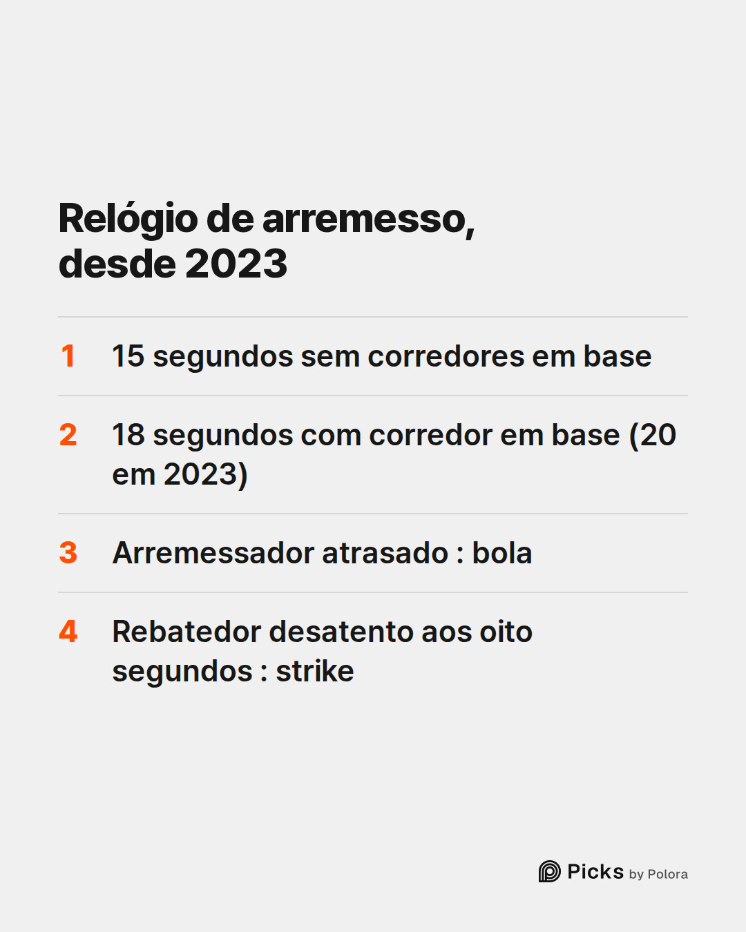 Relógio de arremesso, desde 2023 · 15 segundos sem corredores em base · 18 segundos com corredor em base (20 em 2023) · Arremessador atrasado : bola · Rebatedor desatento aos oito segundos : strike