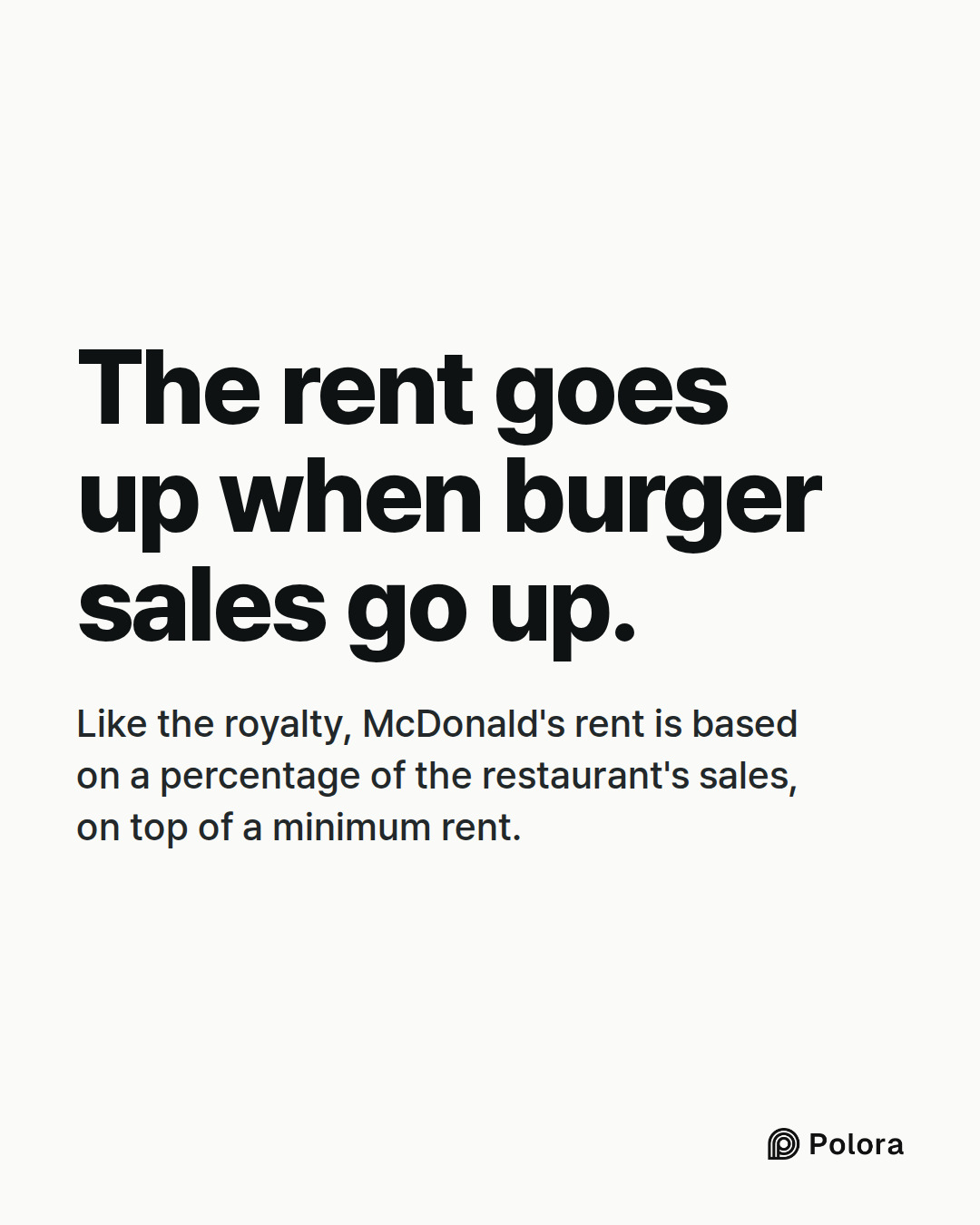 The rent goes up when burger sales go up. · Like the royalty, McDonald's rent is based on a percentage of the restaurant's sales, on top of a minimum rent.