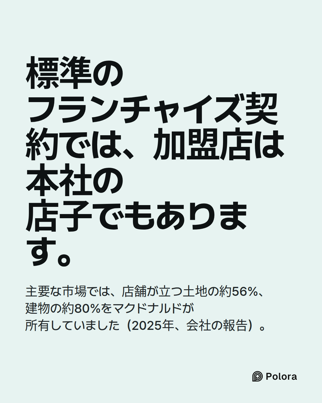 標準のフランチャイズ契約では、加盟店は本社の店子でもあります。 · 主要な市場では、店舗が立つ土地の約56%、建物の約80%をマクドナルドが所有していました（2025年、会社の報告）。