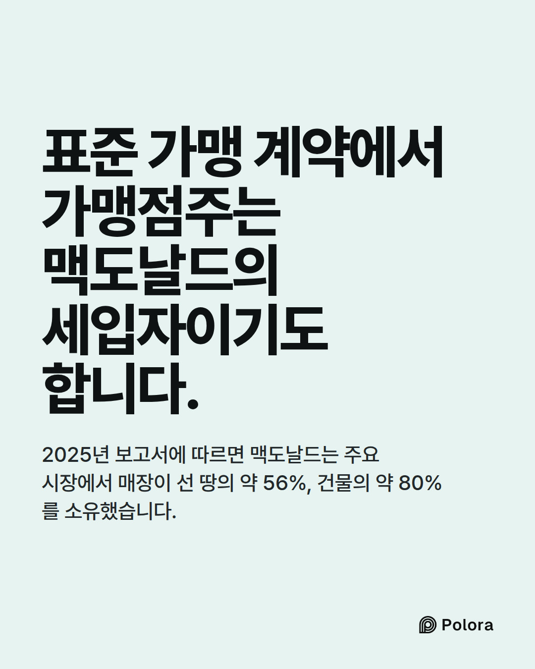 표준 가맹 계약에서 가맹점주는 맥도날드의 세입자이기도 합니다. · 2025년 보고서에 따르면 맥도날드는 주요 시장에서 매장이 선 땅의 약 56%, 건물의 약 80%를 소유했습니다.