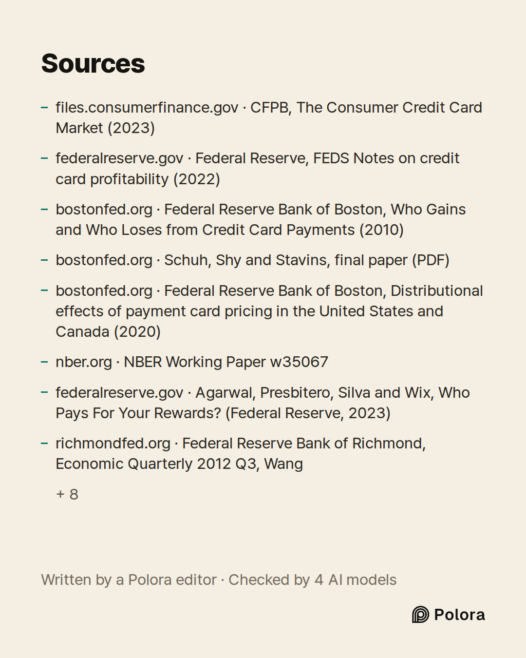 Sources 16 : files.consumerfinance.gov · CFPB, The Consumer Credit Card Market (2023), federalreserve.gov · Federal Reserve, FEDS Notes on credit card profitability (2022), bostonfed.org · Federal Reserve Bank of Boston, Who Gains and Who Loses from Credit Card Payments (2010) + 13