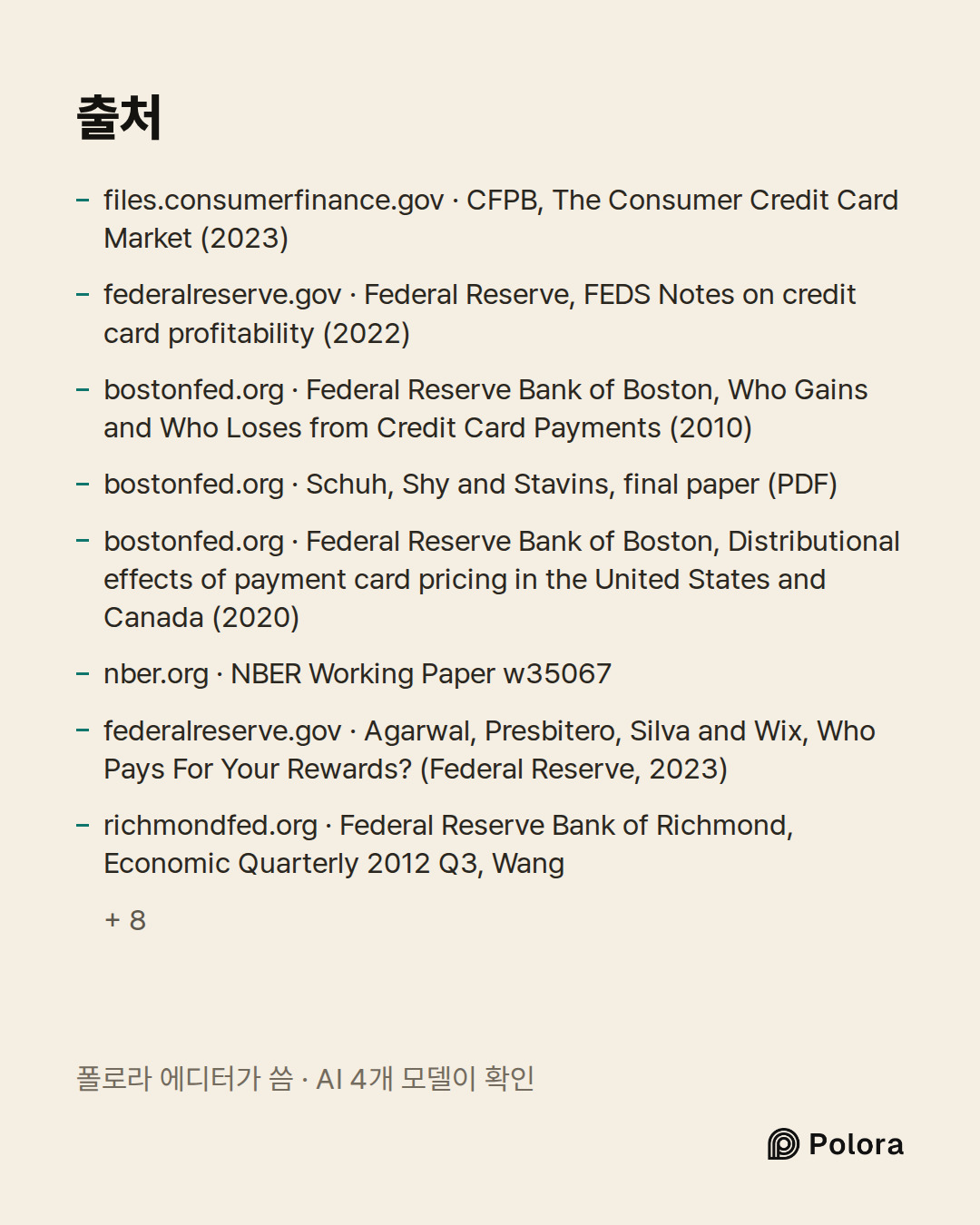 출처 16 : files.consumerfinance.gov · CFPB, The Consumer Credit Card Market (2023), federalreserve.gov · Federal Reserve, FEDS Notes on credit card profitability (2022), bostonfed.org · Federal Reserve Bank of Boston, Who Gains and Who Loses from Credit Card Payments (2010) + 13