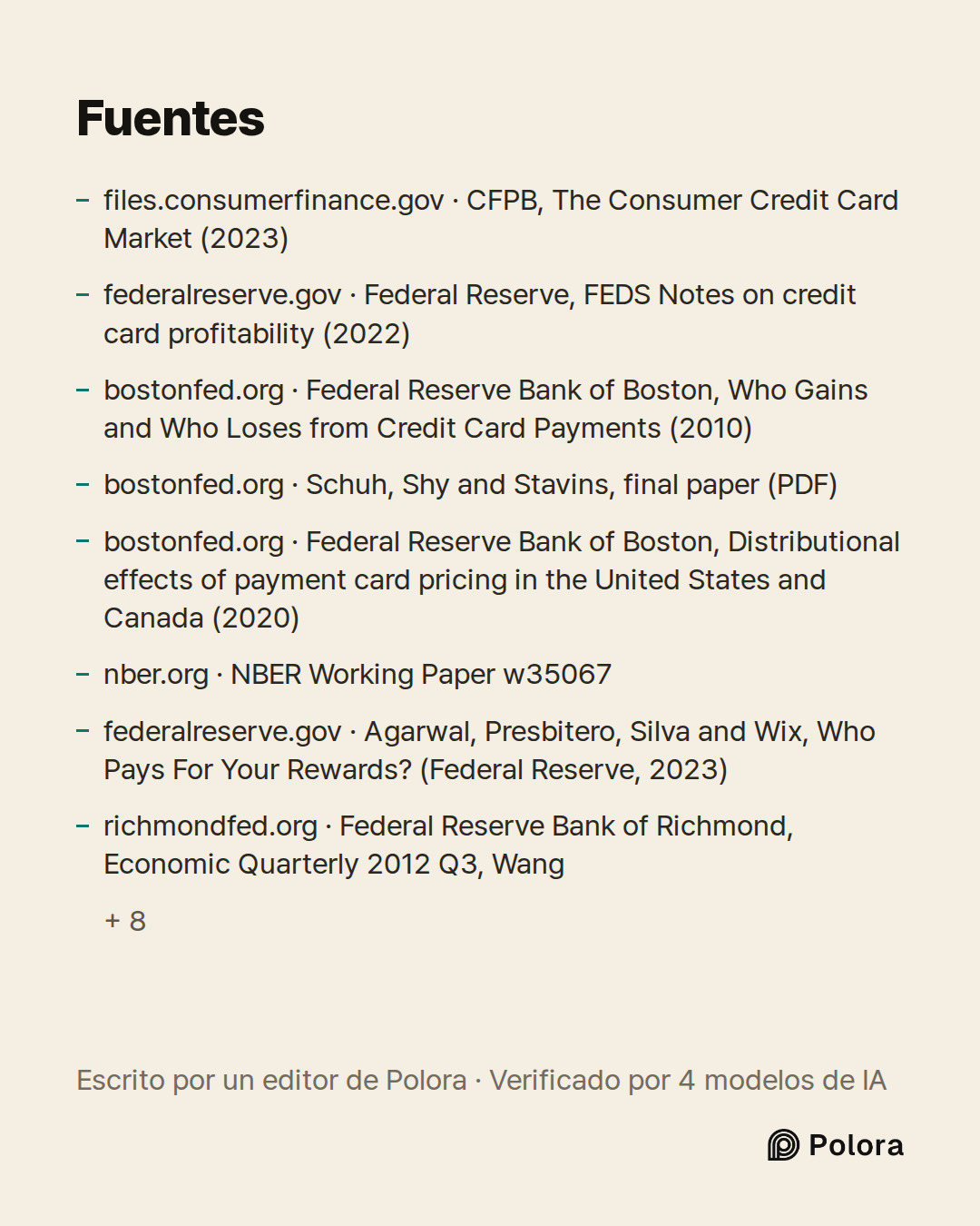 Fuentes 16 : files.consumerfinance.gov · CFPB, The Consumer Credit Card Market (2023), federalreserve.gov · Federal Reserve, FEDS Notes on credit card profitability (2022), bostonfed.org · Federal Reserve Bank of Boston, Who Gains and Who Loses from Credit Card Payments (2010) + 13