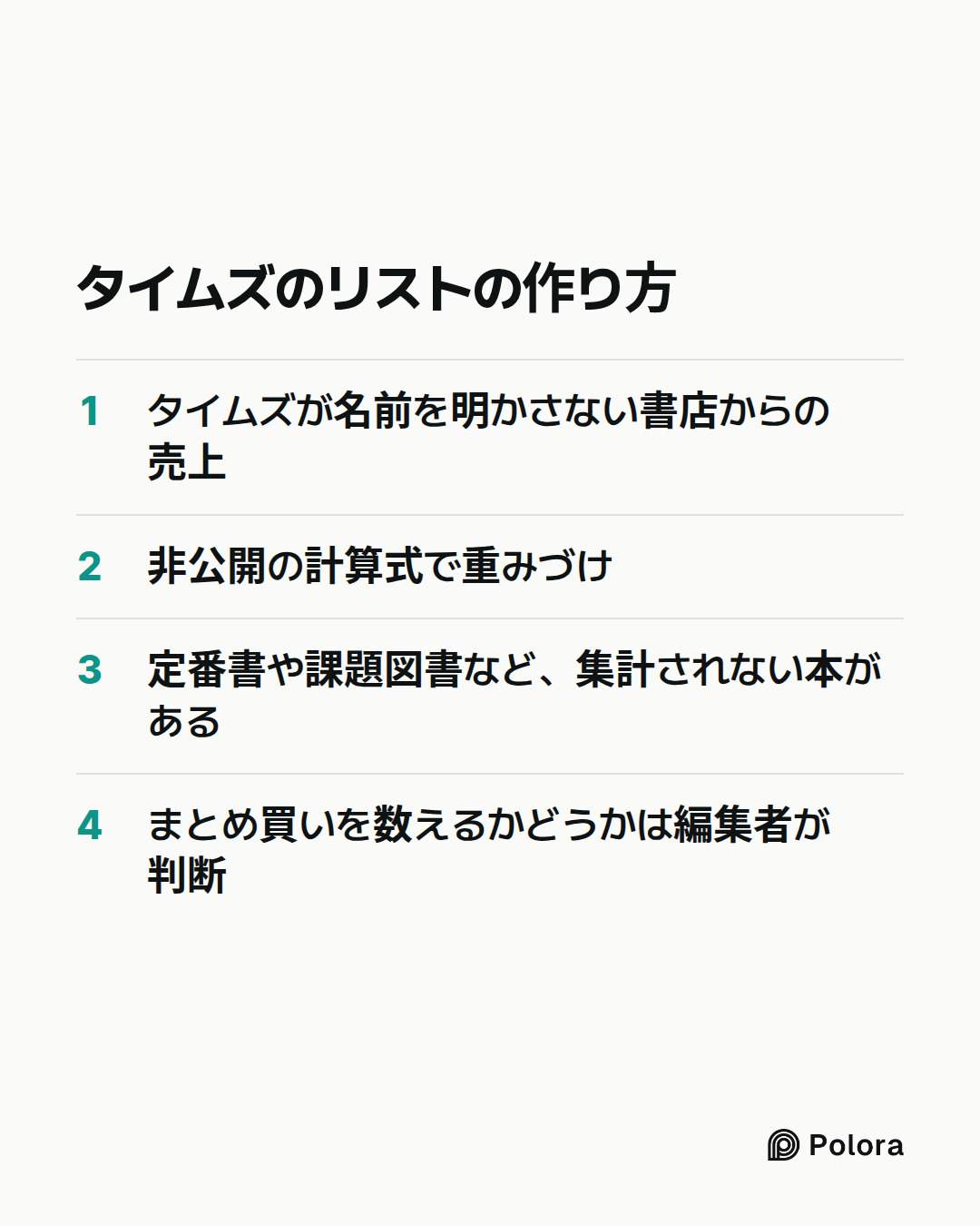 タイムズのリストの作り方 · タイムズが名前を明かさない書店からの売上 · 非公開の計算式で重みづけ · 定番書や課題図書など、集計されない本がある · まとめ買いを数えるかどうかは編集者が判断