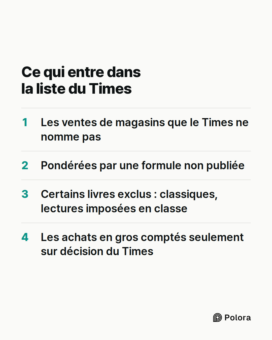 Ce qui entre dans la liste du Times · Les ventes de magasins que le Times ne nomme pas · Pondérées par une formule non publiée · Certains livres exclus : classiques, lectures imposées en classe · Les achats en gros comptés seulement sur décision du Times