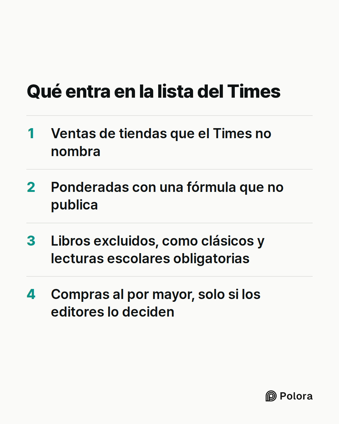 Qué entra en la lista del Times · Ventas de tiendas que el Times no nombra · Ponderadas con una fórmula que no publica · Libros excluidos, como clásicos y lecturas escolares obligatorias · Compras al por mayor, solo si los editores lo deciden