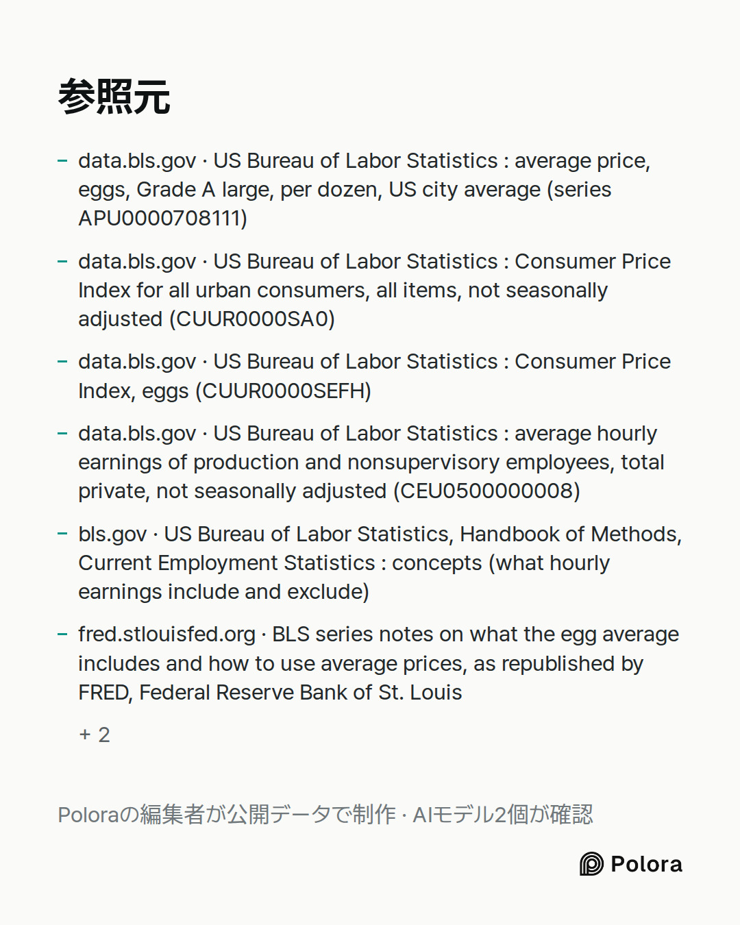 出典 8 : data.bls.gov · US Bureau of Labor Statistics : average price, eggs, Grade A large, per dozen, US city average (series APU0000708111), data.bls.gov · US Bureau of Labor Statistics : Consumer Price Index for all urban consumers, all items, not seasonally adjusted (CUUR0000SA0), data.bls.gov · U