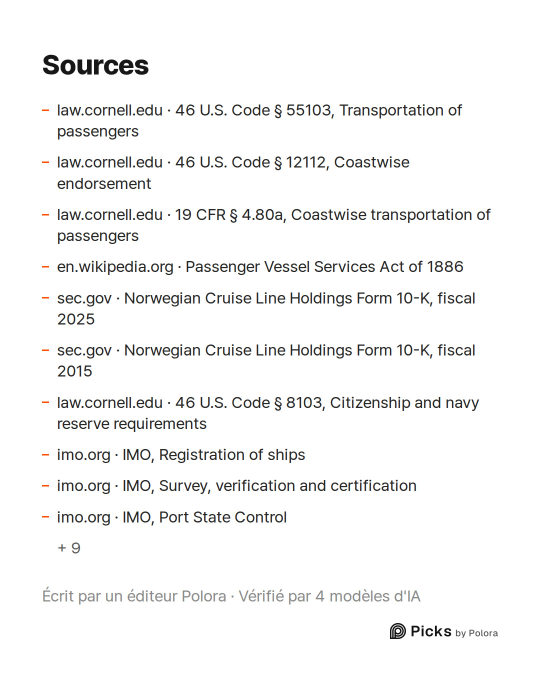 Sources 19 : law.cornell.edu · 46 U.S. Code § 55103, Transportation of passengers, law.cornell.edu · 46 U.S. Code § 12112, Coastwise endorsement, law.cornell.edu · 19 CFR § 4.80a, Coastwise transportation of passengers + 16
