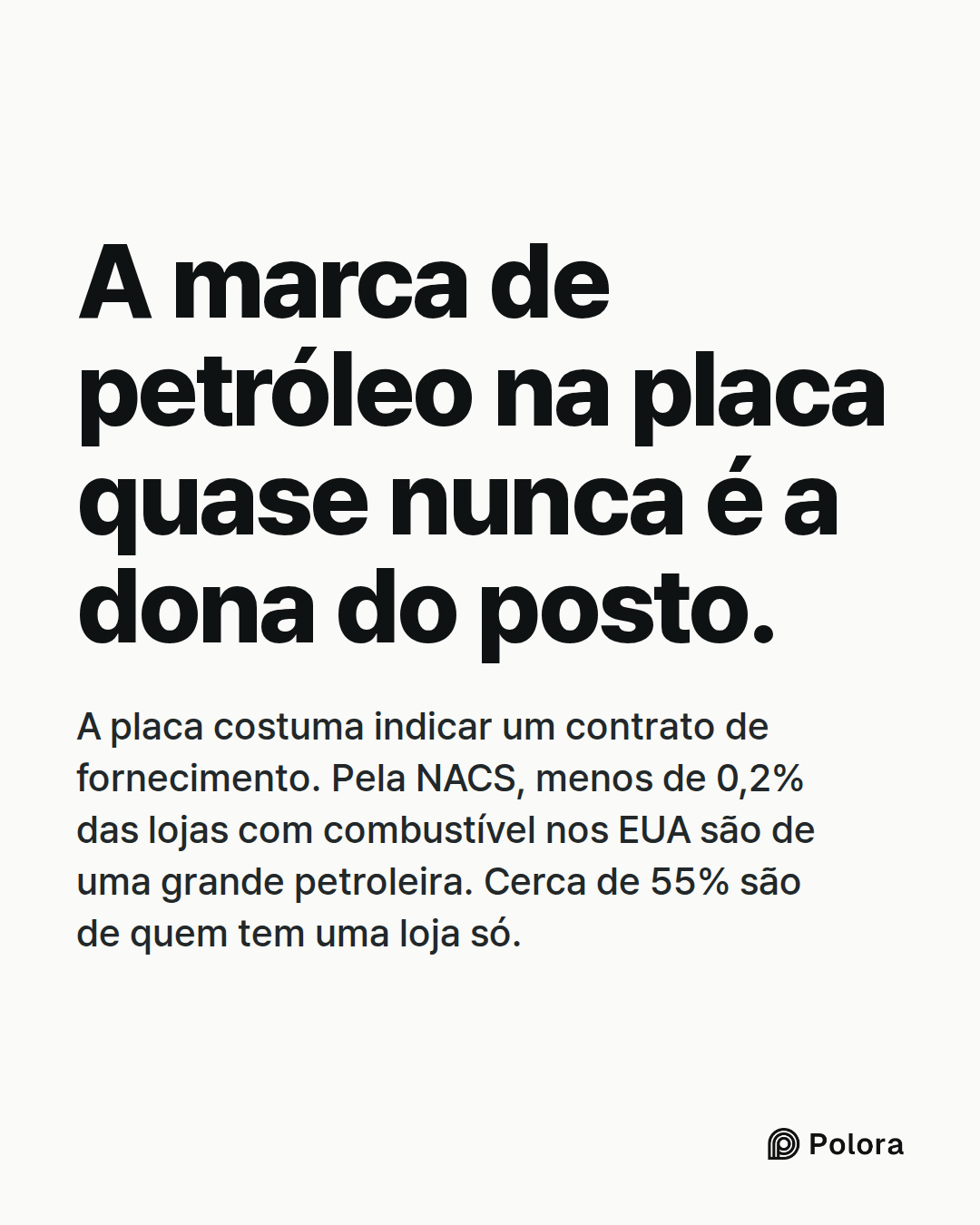 A marca de petróleo na placa quase nunca é a dona do posto. · A placa costuma indicar um contrato de fornecimento. Pela NACS, menos de 0,2% das lojas com combustível nos EUA são de uma grande petroleira. Cerca de 55% são de quem tem uma loja só.