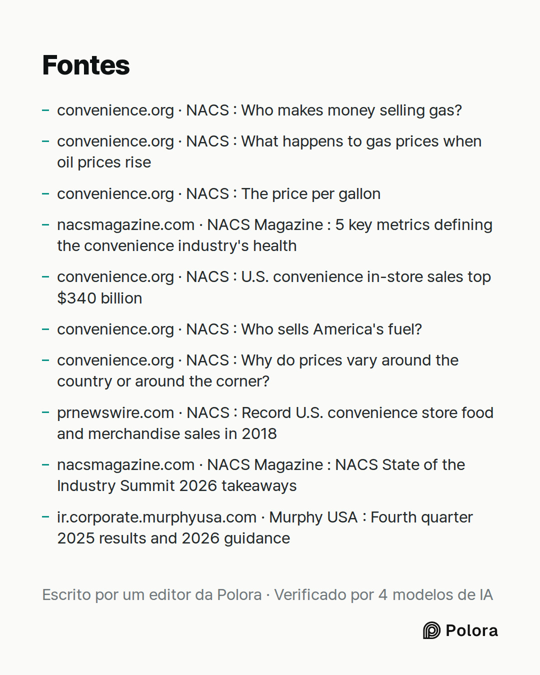 Fontes 10 : convenience.org · NACS : Who makes money selling gas?, convenience.org · NACS : What happens to gas prices when oil prices rise, convenience.org · NACS : The price per gallon + 7