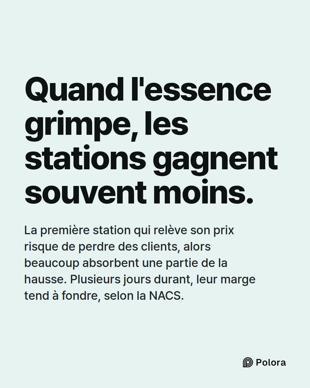 Quand l'essence grimpe, les stations gagnent souvent moins. · La première station qui relève son prix risque de perdre des clients, alors beaucoup absorbent une partie de la hausse. Plusieurs jours durant, leur marge tend à fondre, selon la NACS.