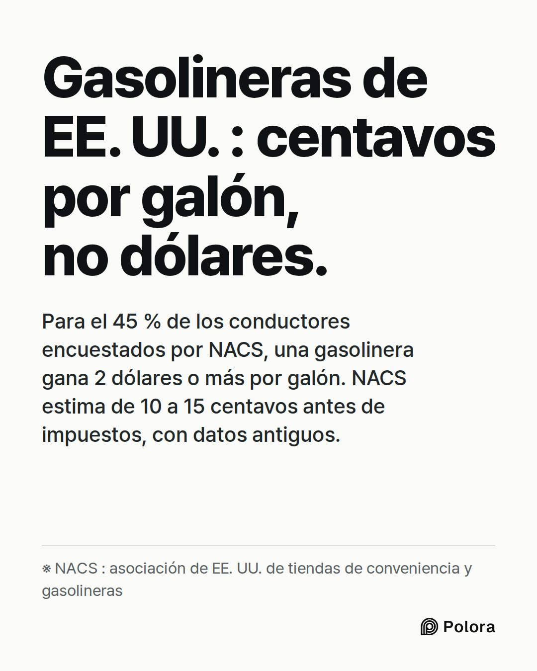 Gasolineras de EE. UU. : centavos por galón, no dólares. · Para el 45 % de los conductores encuestados por NACS, una gasolinera gana 2 dólares o más por galón. NACS estima de 10 a 15 centavos antes de impuestos, con datos antiguos. · ※ NACS : asociación de EE. UU. de tiendas de conveniencia y gasoli