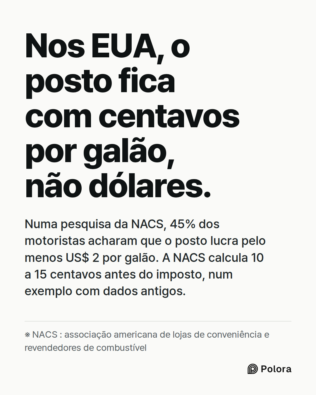 Nos EUA, o posto fica com centavos por galão, não dólares. · Numa pesquisa da NACS, 45% dos motoristas acharam que o posto lucra pelo menos US$ 2 por galão. A NACS calcula 10 a 15 centavos antes do imposto, num exemplo com dados antigos. · ※ NACS : associação americana de lojas de conveniência e rev