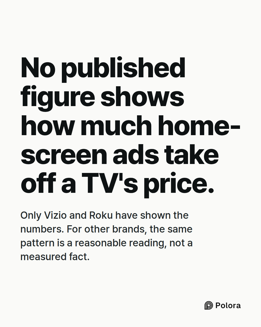 No published figure shows how much home-screen ads take off a TV's price. · Only Vizio and Roku have shown the numbers. For other brands, the same pattern is a reasonable reading, not a measured fact.