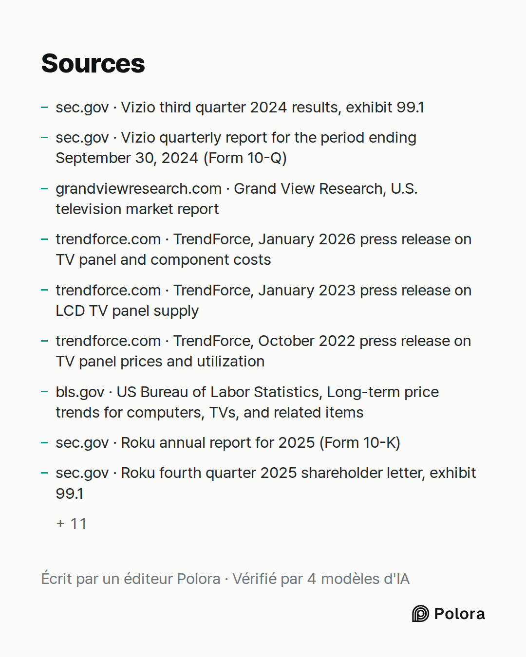 Sources 20 : sec.gov · Vizio third quarter 2024 results, exhibit 99.1, sec.gov · Vizio quarterly report for the period ending September 30, 2024 (Form 10-Q), grandviewresearch.com · Grand View Research, U.S. television market report + 17