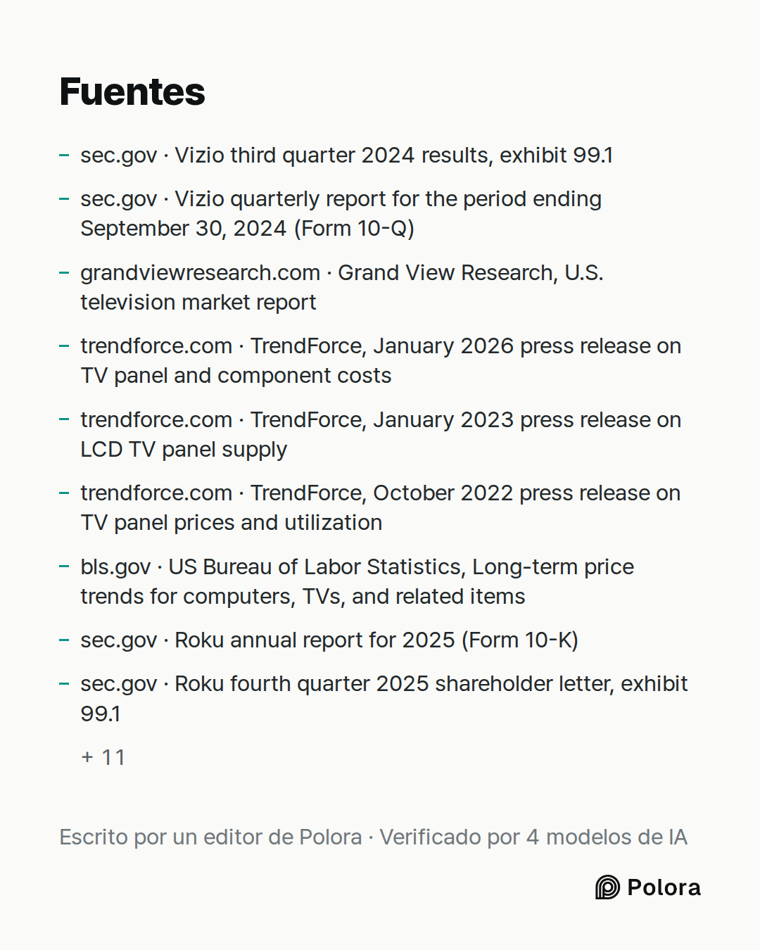 Fuentes 20 : sec.gov · Vizio third quarter 2024 results, exhibit 99.1, sec.gov · Vizio quarterly report for the period ending September 30, 2024 (Form 10-Q), grandviewresearch.com · Grand View Research, U.S. television market report + 17