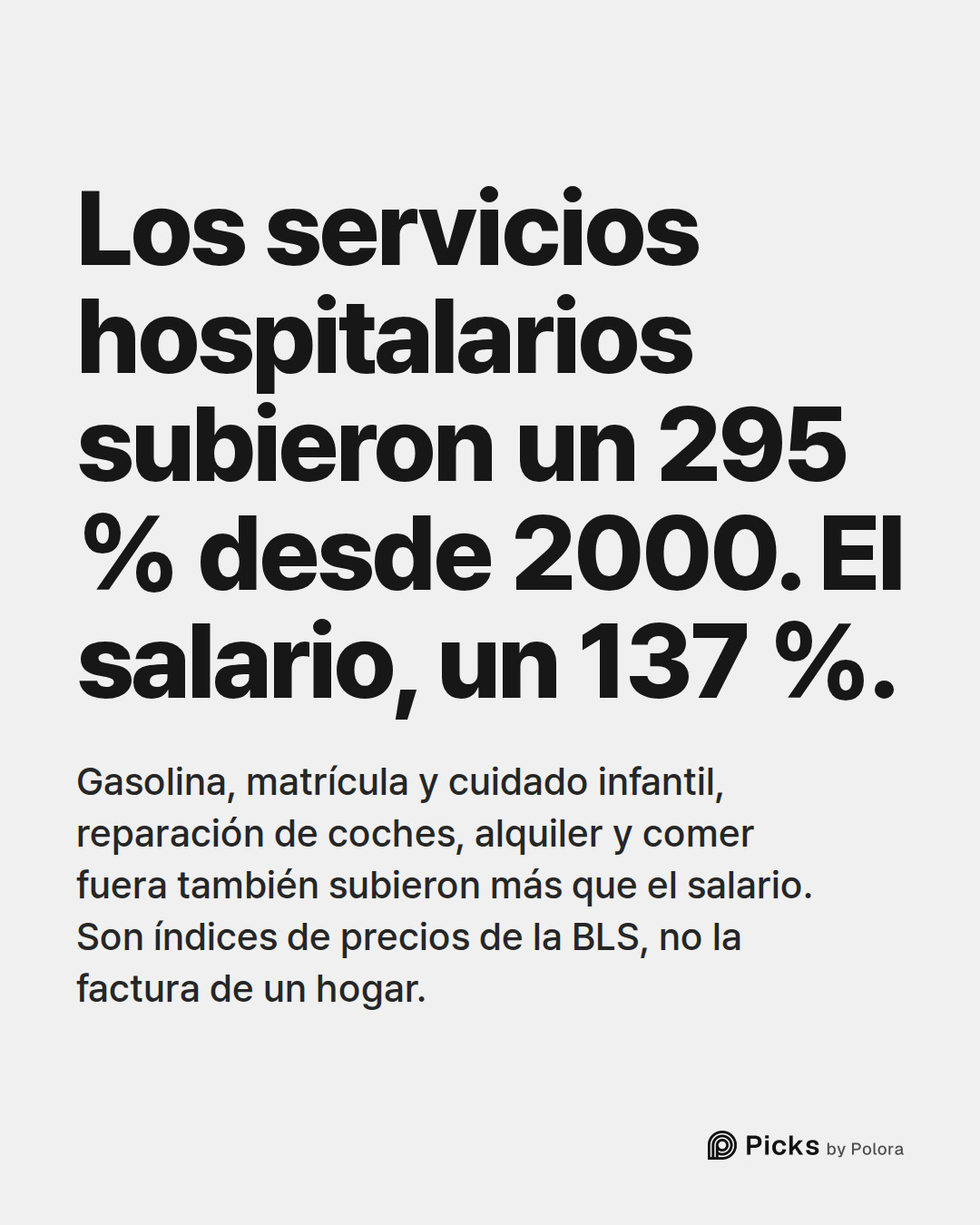 Los servicios hospitalarios subieron un 295 % desde 2000. El salario, un 137 %. · Gasolina, matrícula y cuidado infantil, reparación de coches, alquiler y comer fuera también subieron más que el salario. Son índices de precios de la BLS, no la factura de un hogar.