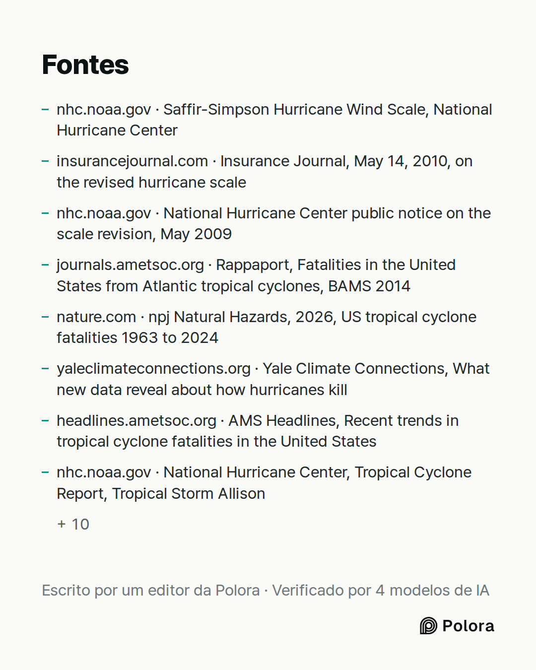 Fontes 18 : nhc.noaa.gov · Saffir-Simpson Hurricane Wind Scale, National Hurricane Center, insurancejournal.com · Insurance Journal, May 14, 2010, on the revised hurricane scale, nhc.noaa.gov · National Hurricane Center public notice on the scale revision, May 2009 + 15