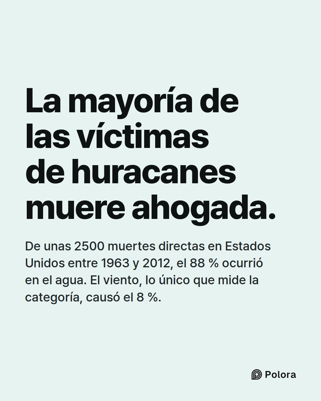 La mayoría de las víctimas de huracanes muere ahogada. · De unas 2500 muertes directas en Estados Unidos entre 1963 y 2012, el 88 % ocurrió en el agua. El viento, lo único que mide la categoría, causó el 8 %.