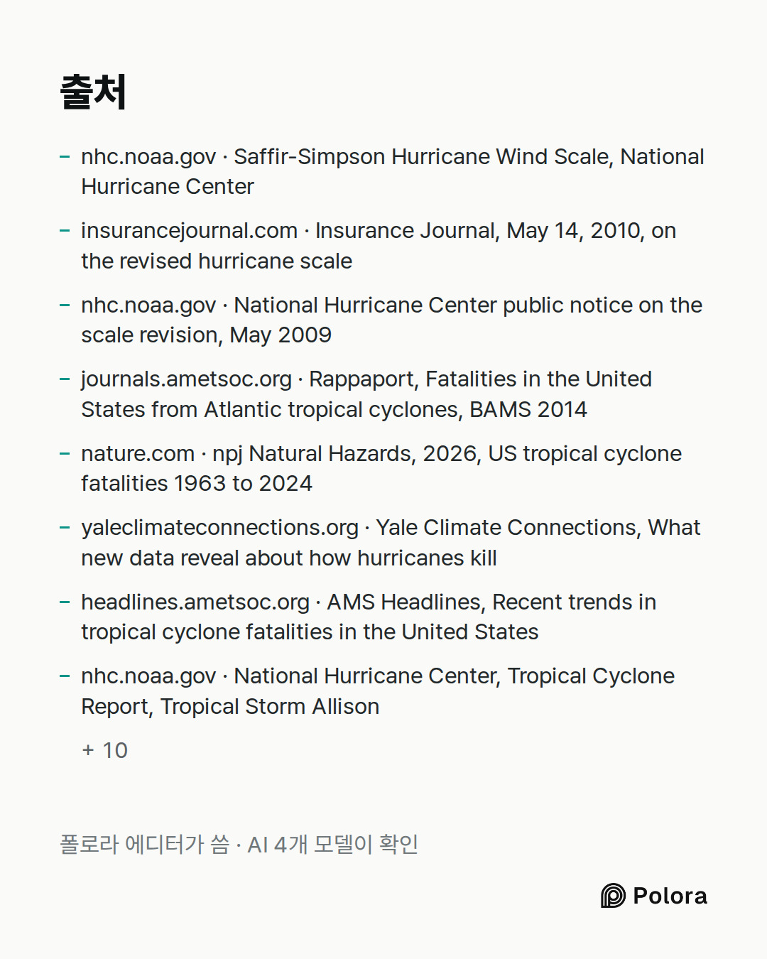 출처 18 : nhc.noaa.gov · Saffir-Simpson Hurricane Wind Scale, National Hurricane Center, insurancejournal.com · Insurance Journal, May 14, 2010, on the revised hurricane scale, nhc.noaa.gov · National Hurricane Center public notice on the scale revision, May 2009 + 15